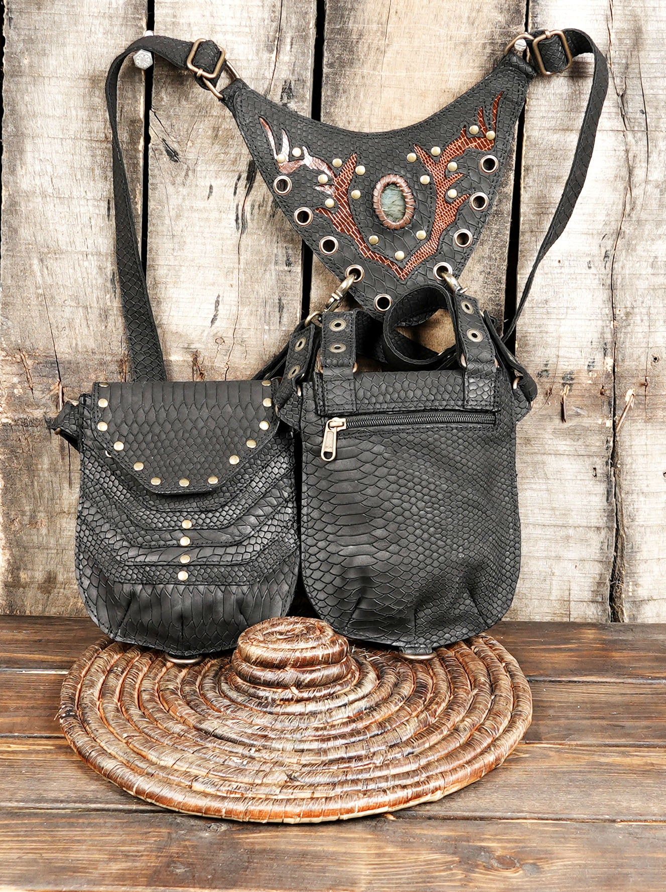 Black Textured Leather Dual Pouch Holster || Gothic Style Leather Utility Holster (LT/AB/HLS/6107)