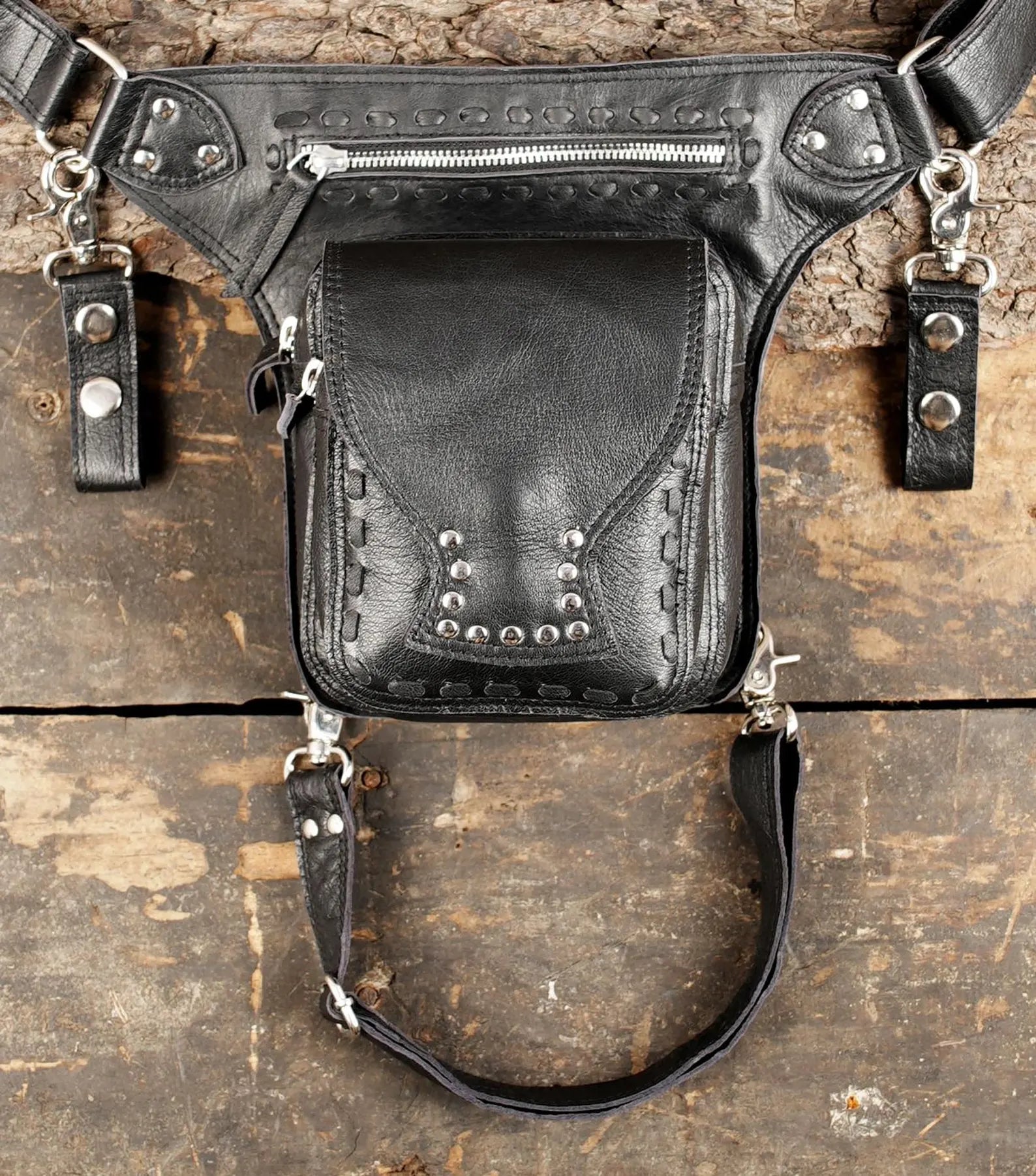 Handmade Leather Leg Bag Holster with Utility Pouch and Silver Hardware