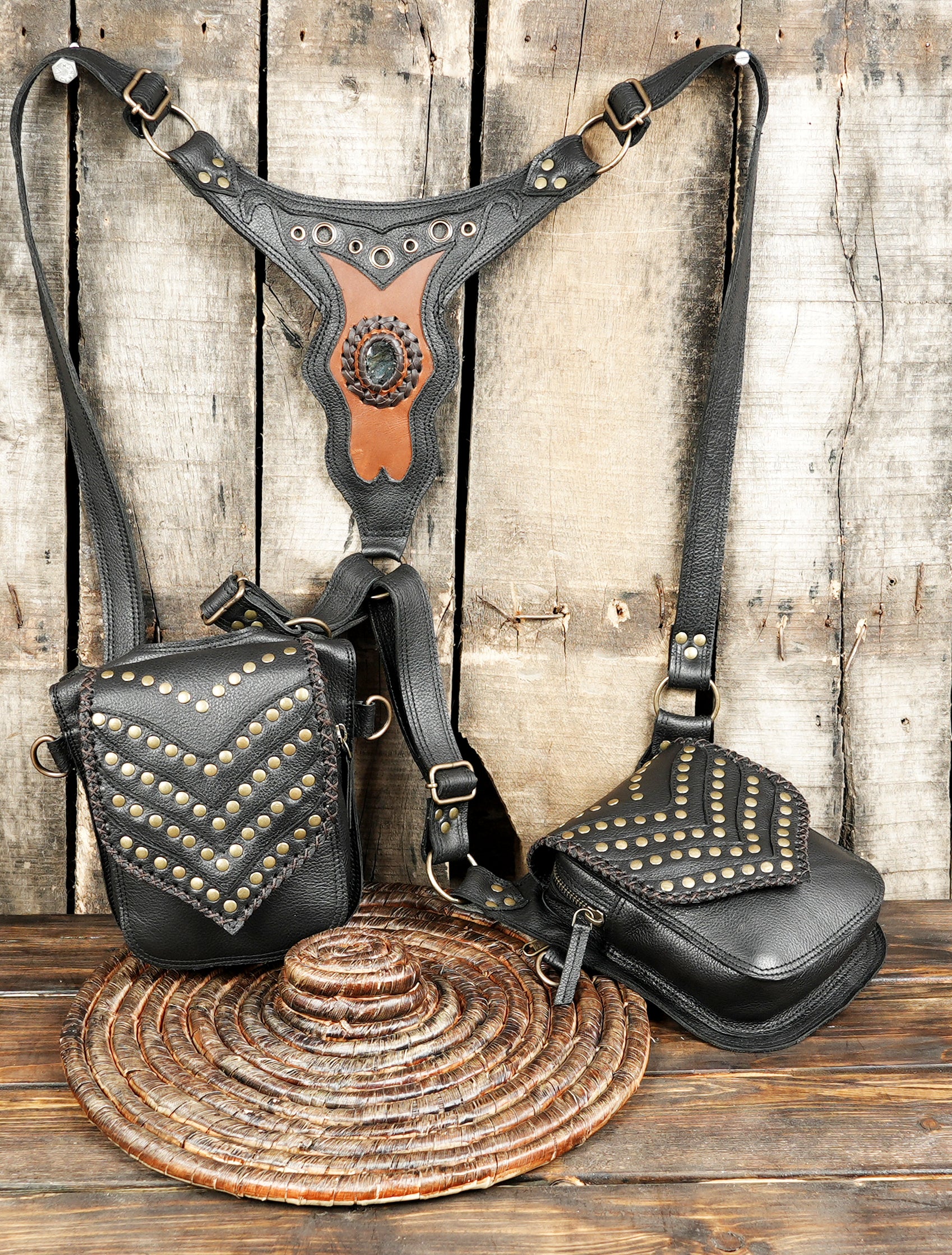 Premium leather utility holster with twin storage pouches