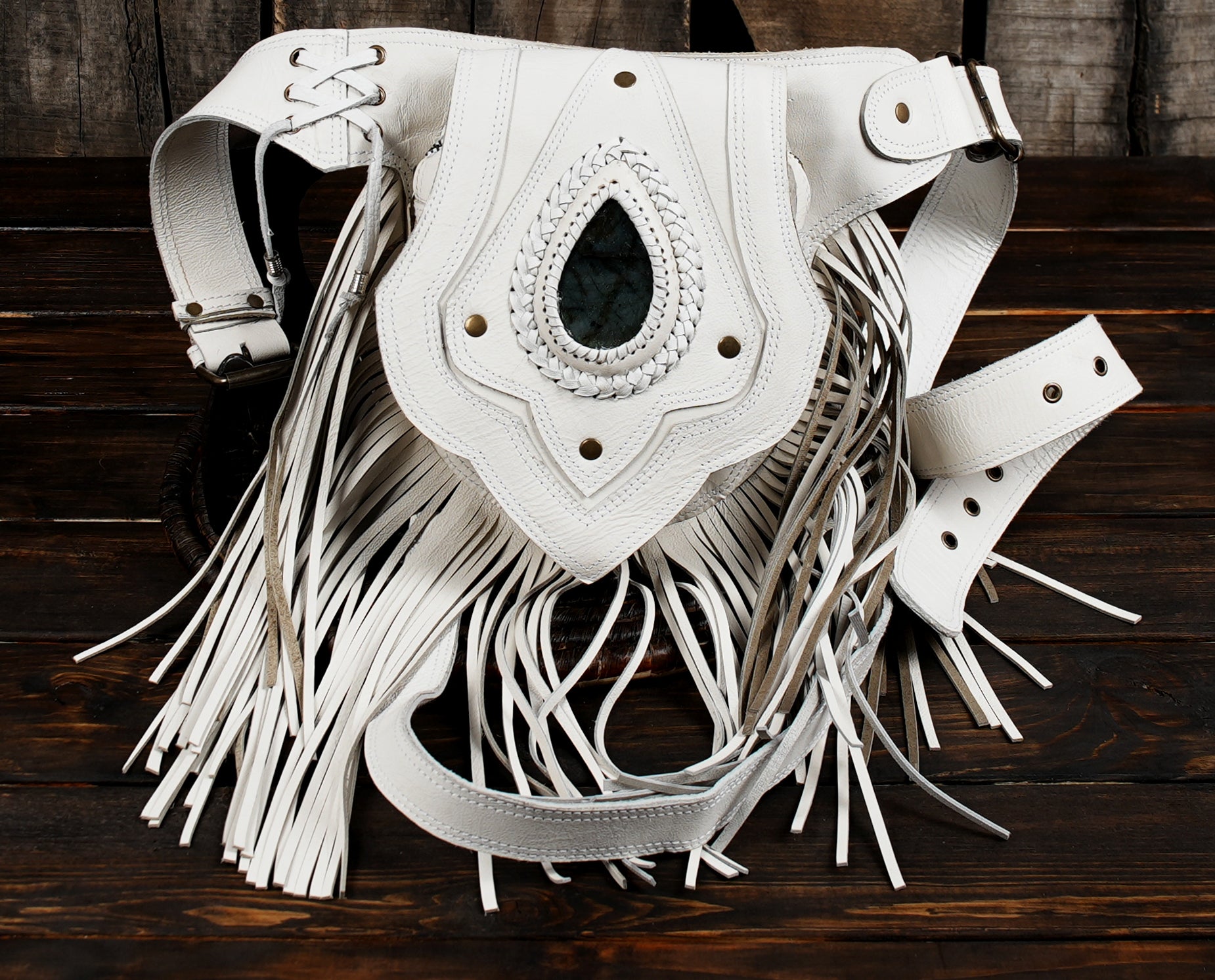 Bohemian festival bag with fringe and labradorite gemstone centerpiece