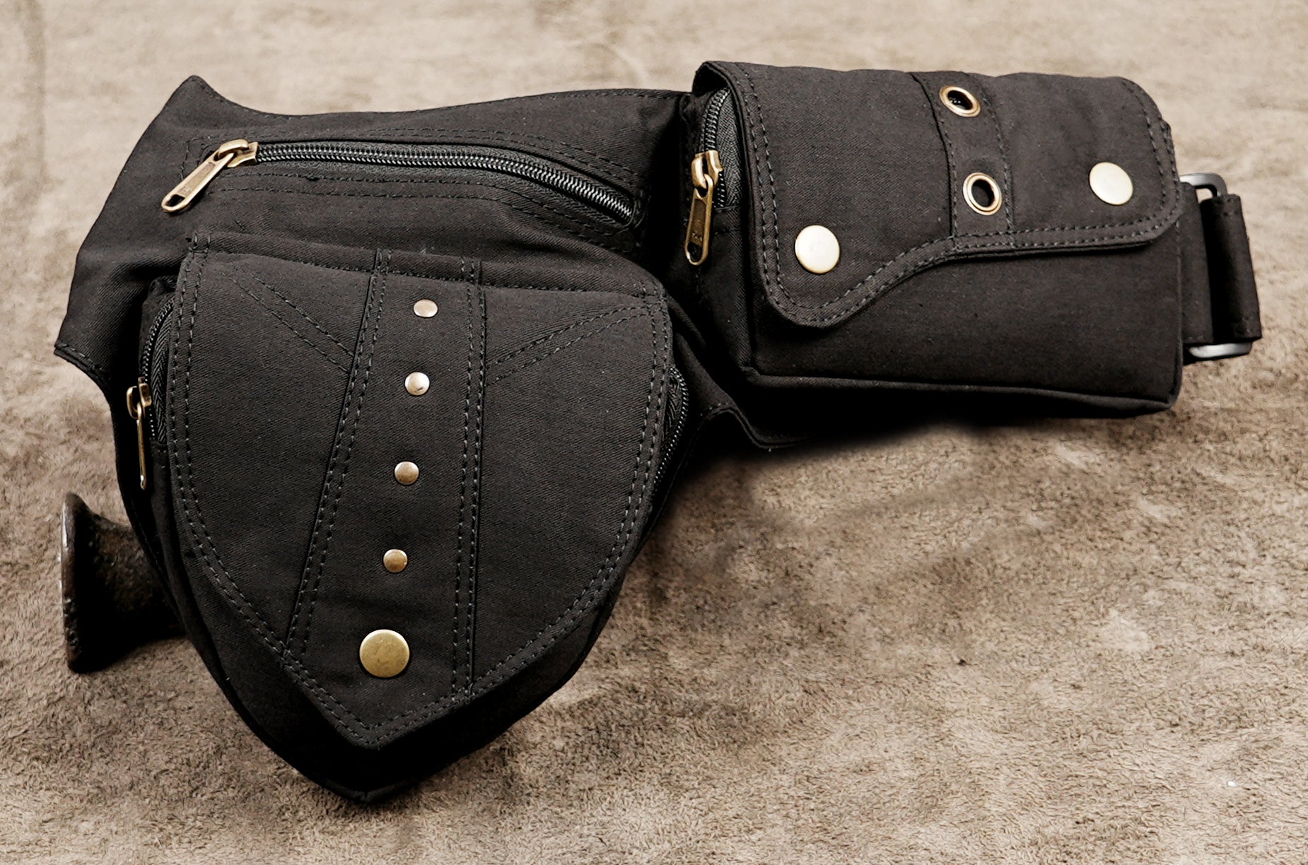 Black cotton waist pack with phone holder and zippered pockets