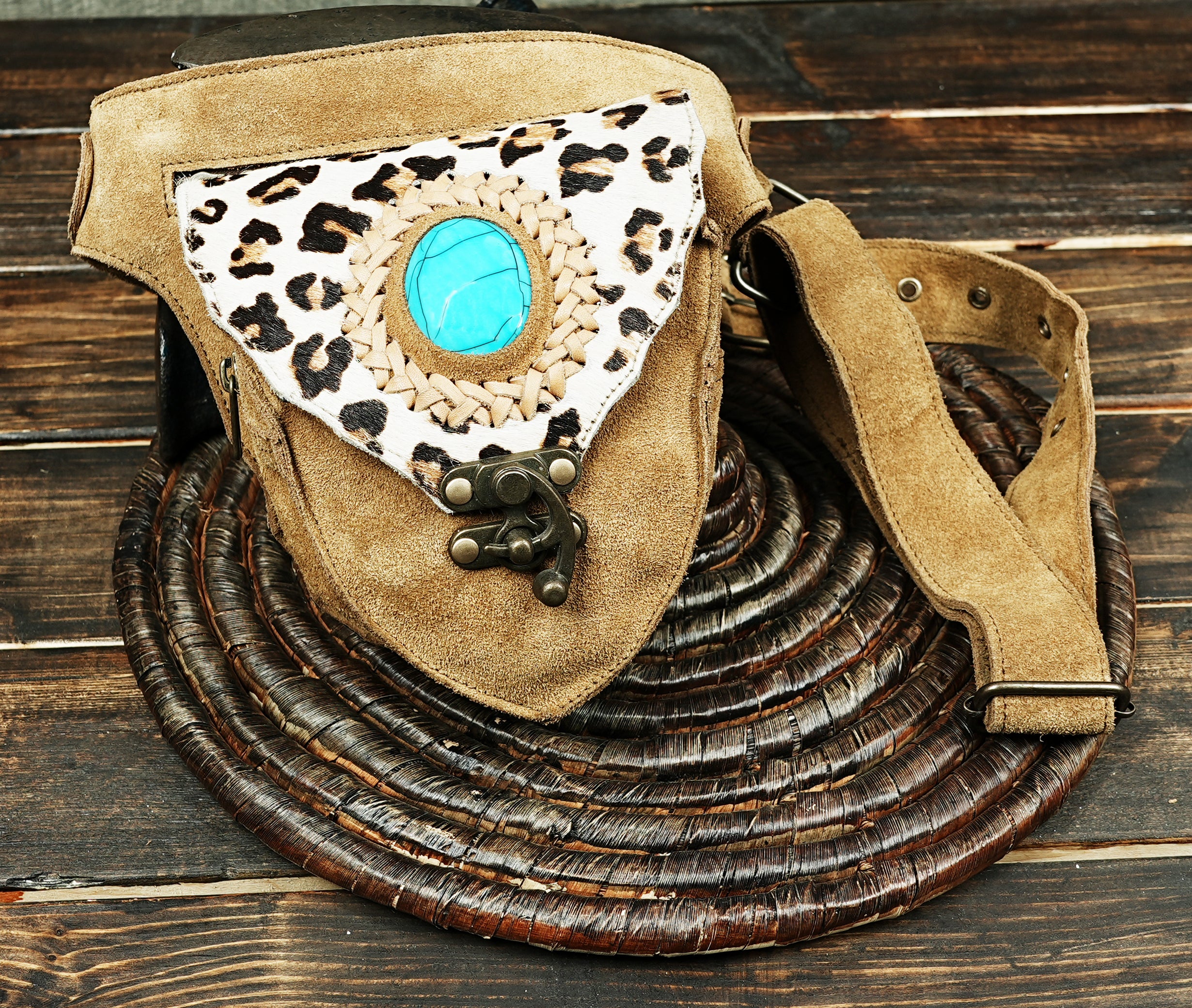 Tan suede leather waist belt with turquoise and tribal design