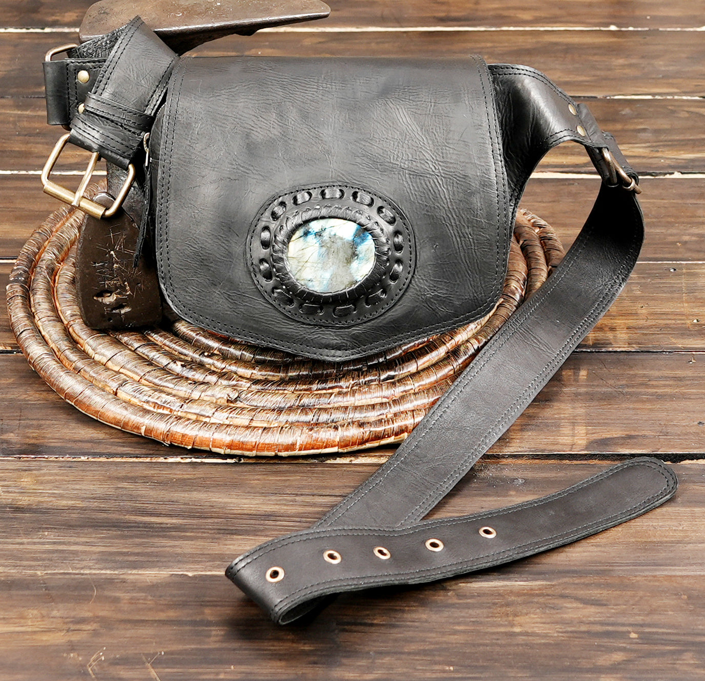 Boho inspired leather waist belt bag with front stone detail