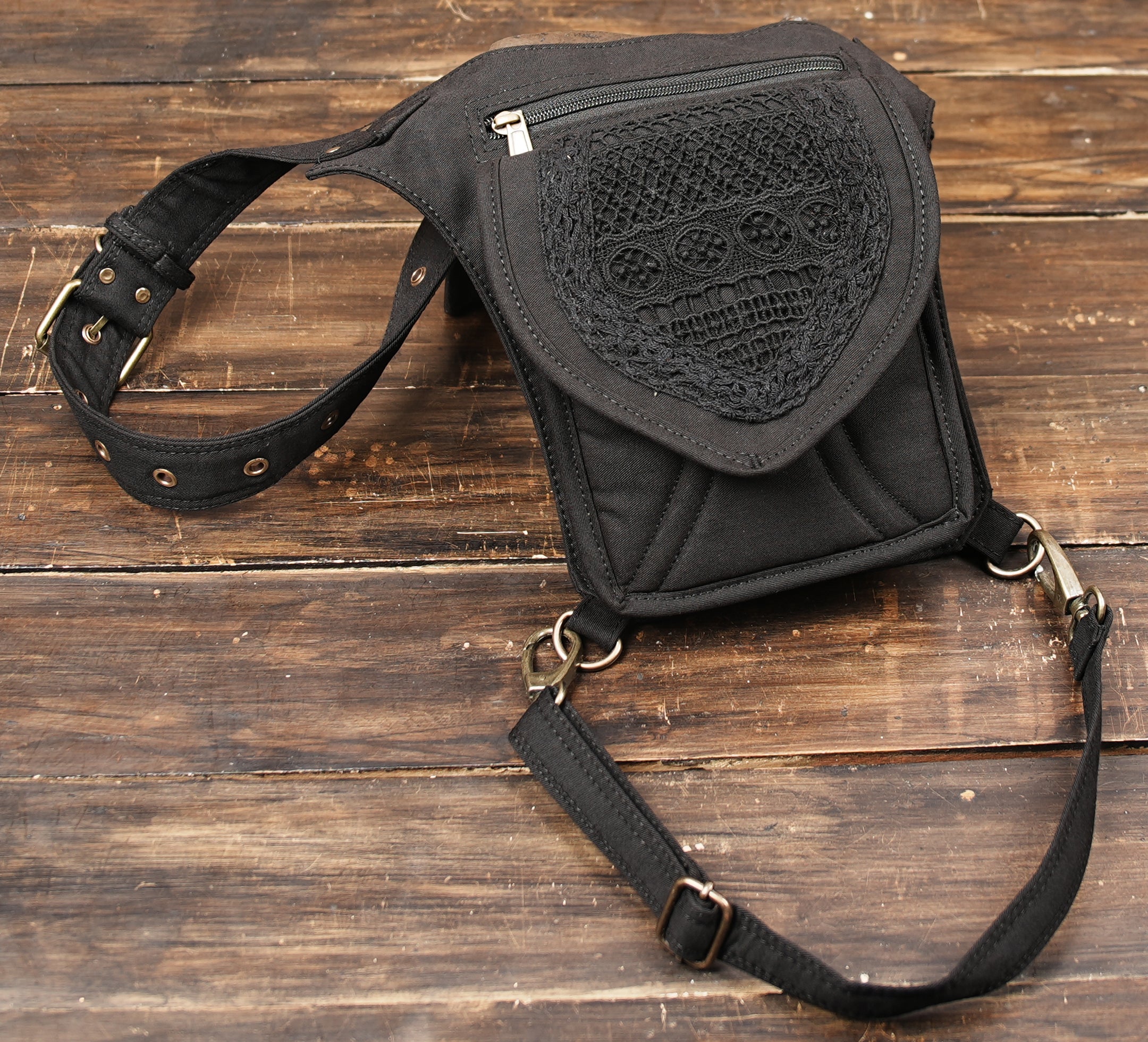 Utility drop leg fanny pack in cotton canvas for rave festivals and motorcycle trips.