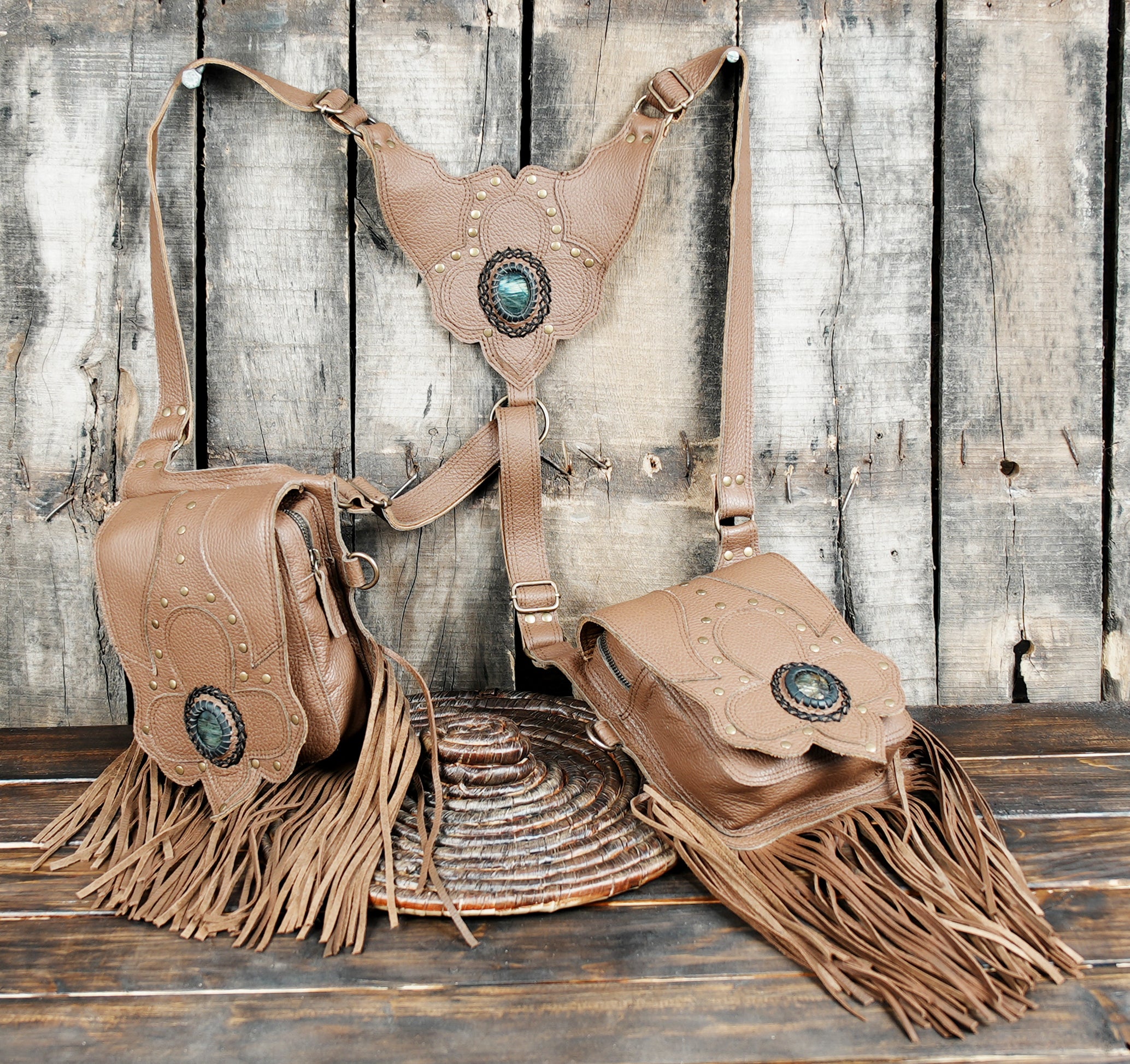 Western inspired leather holster bag with long tassel fringe