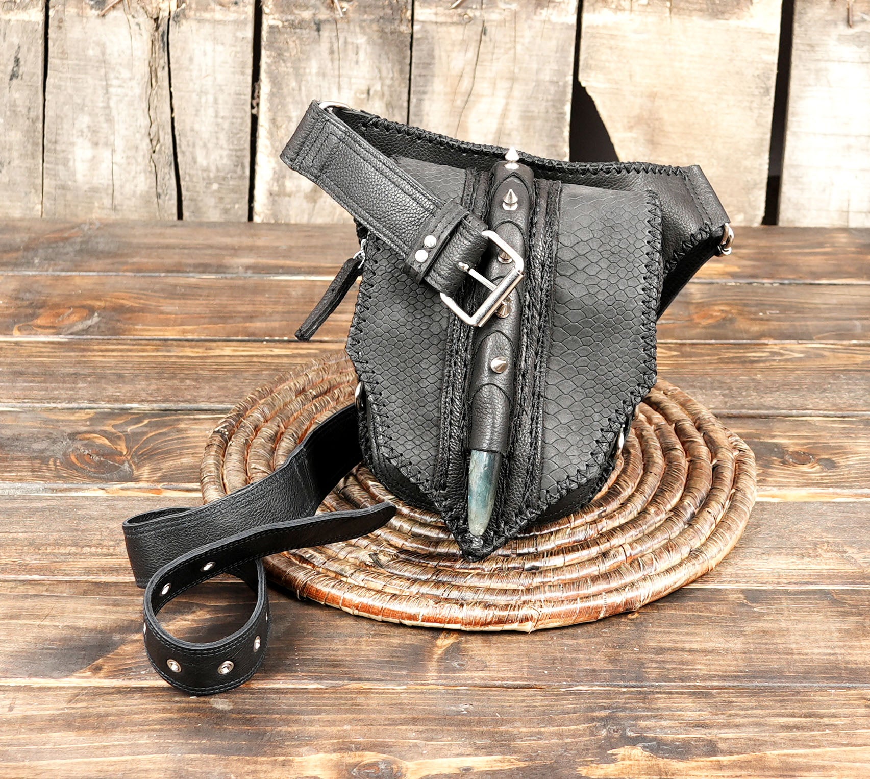 Black leather utility waist belt with adjustable buckle strap
