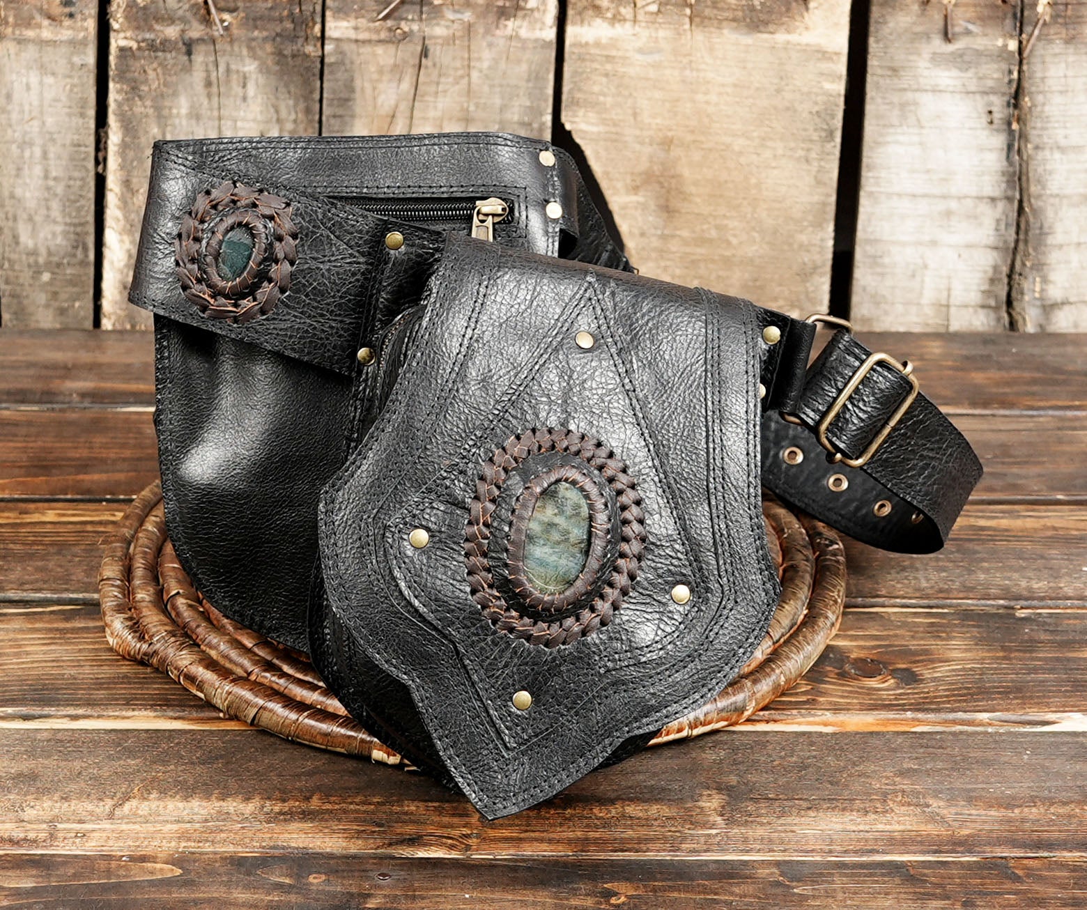 Handmade Black Tribal Leather Waist Belt with labradorite gemstone – Gothic Boho Hip Bag with Stone Accents  (LT-AB-WB-6080)