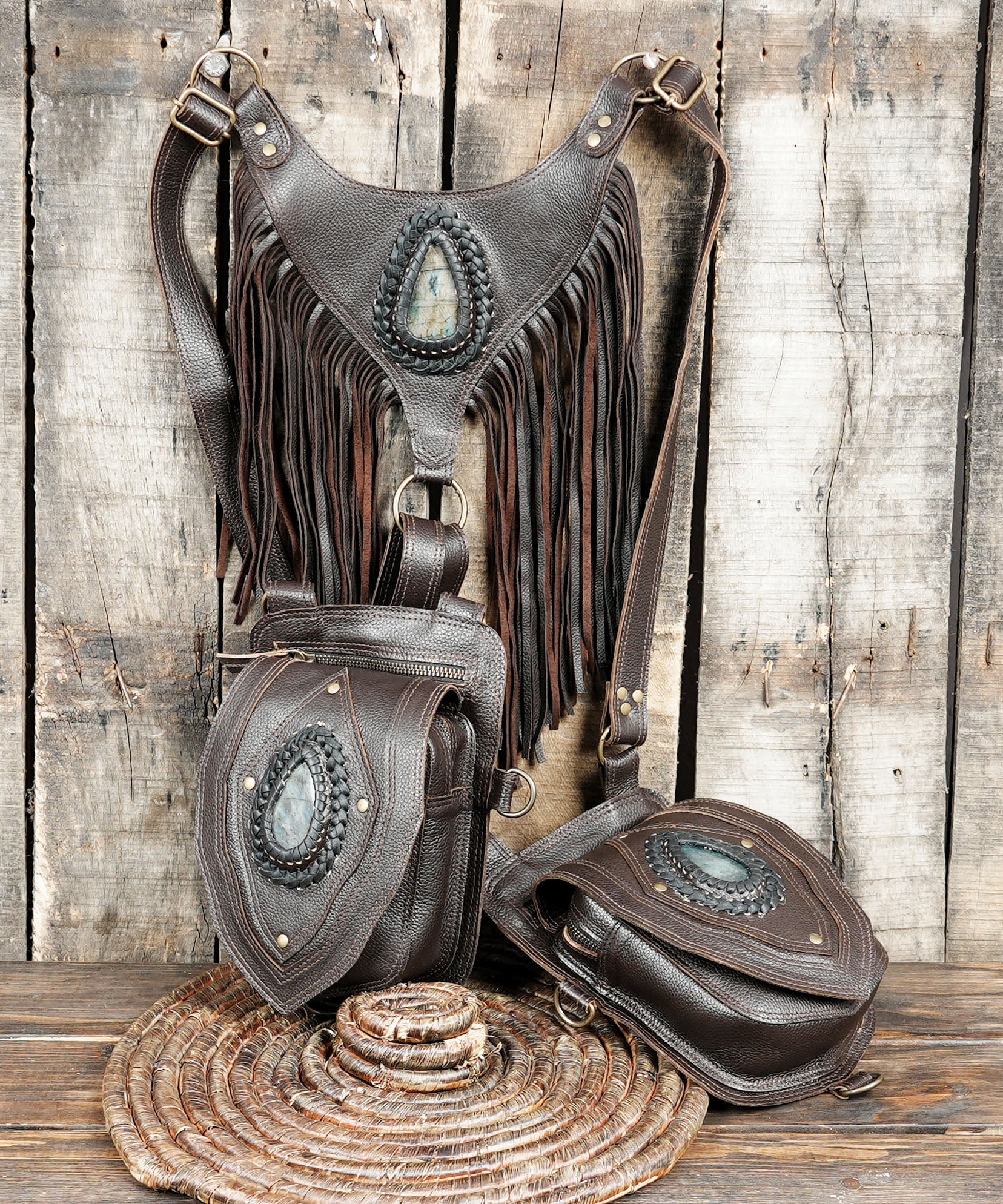 Dual pouch brown leather holster bag with gemstone details
