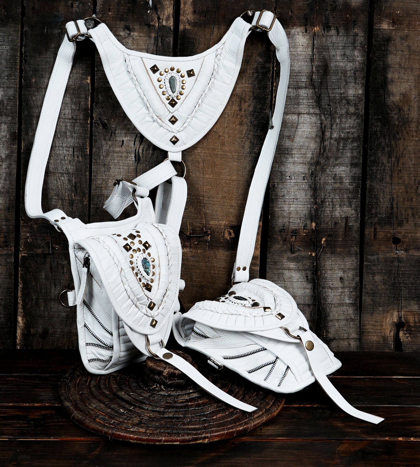Premium handmade white leather harness bag USA for online 
