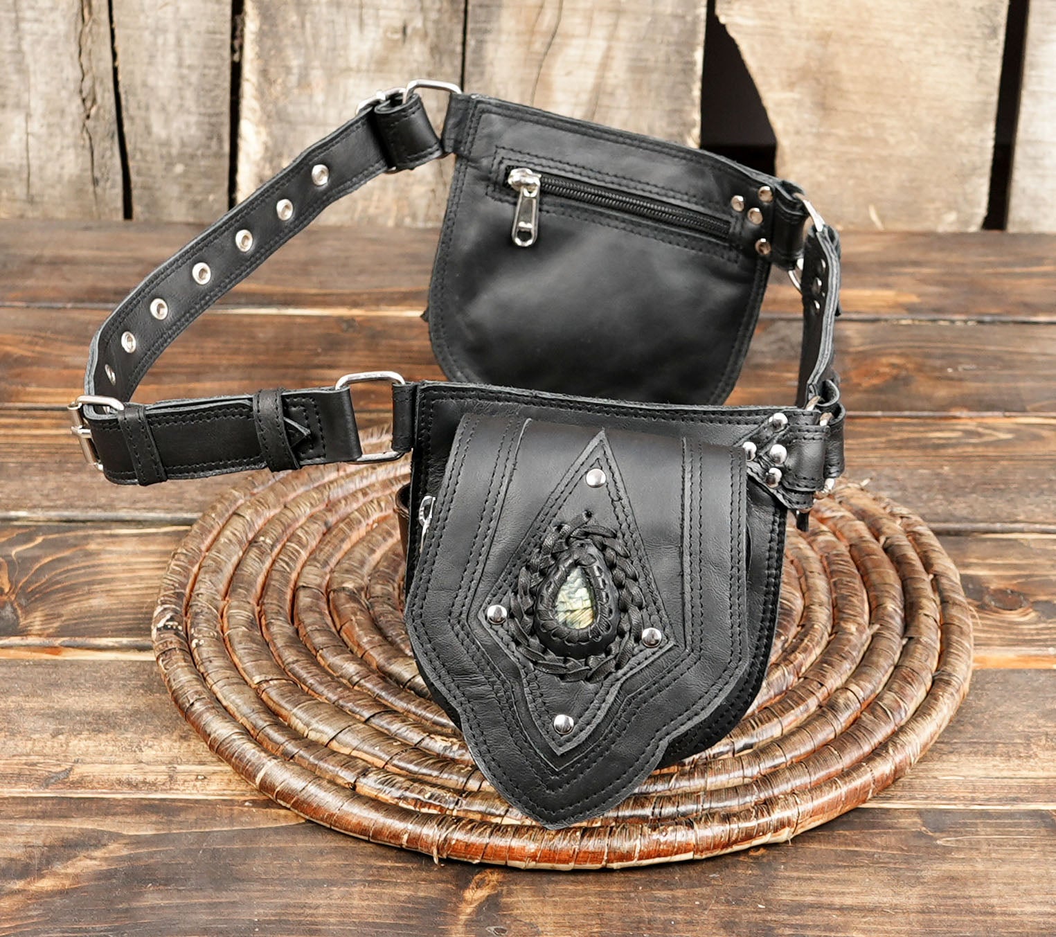 Handmade Black Leather Waist Belt with Gemstone Accents || Leather Waist Belt with Dual Storage Pouches and Metal Rings (LT-NS-WB-6046)