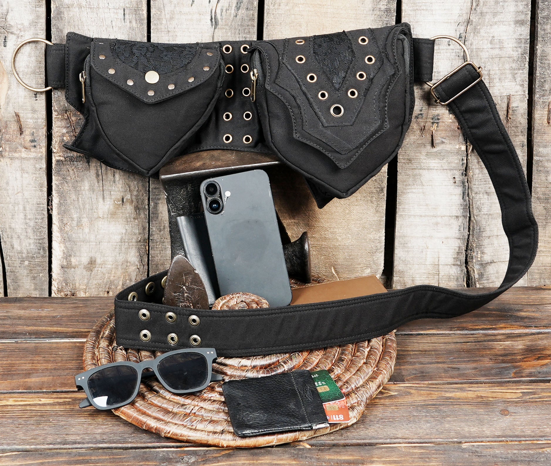 Utility festival pouch for men and women in gothic black style