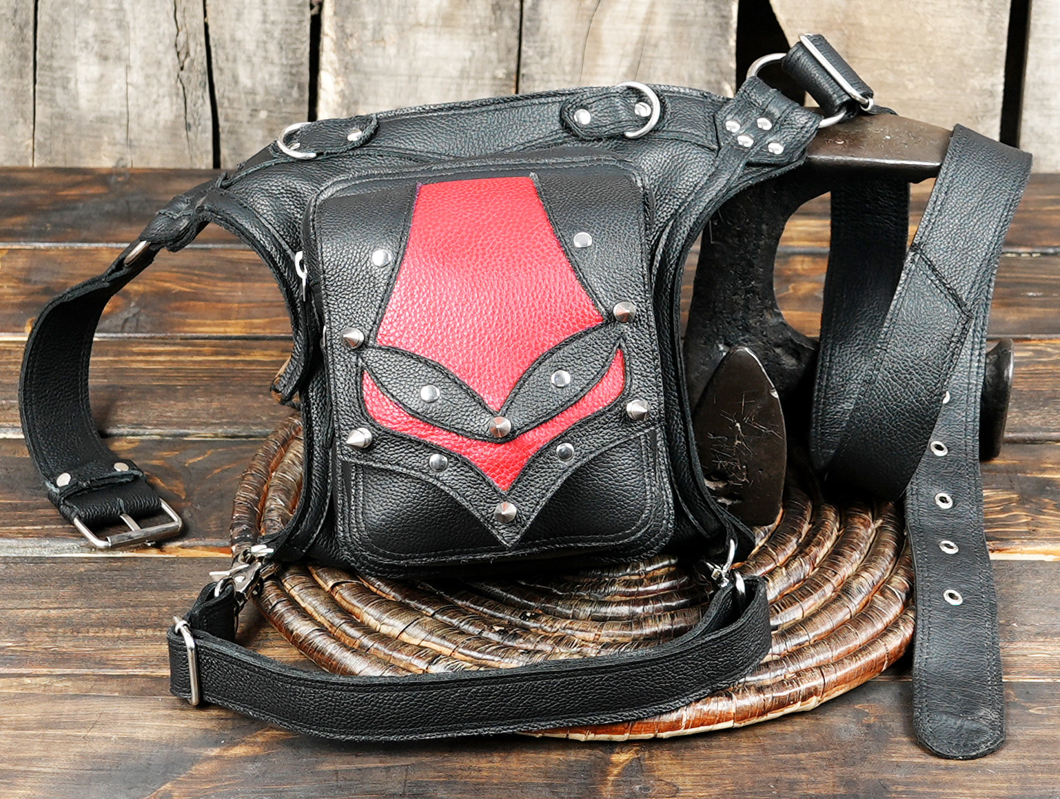 Black leather festival hip bag with adjustable thigh straps