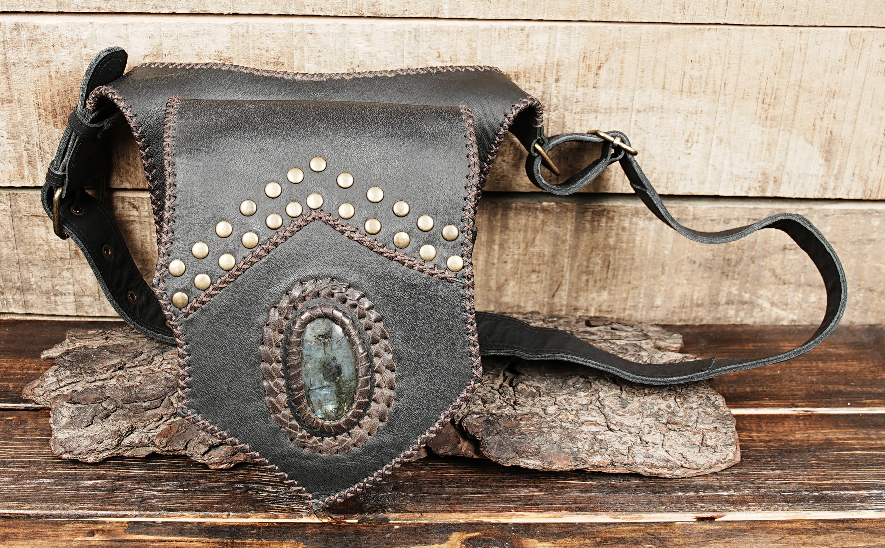 Festival leather pouch with gemstone and hand-studded details