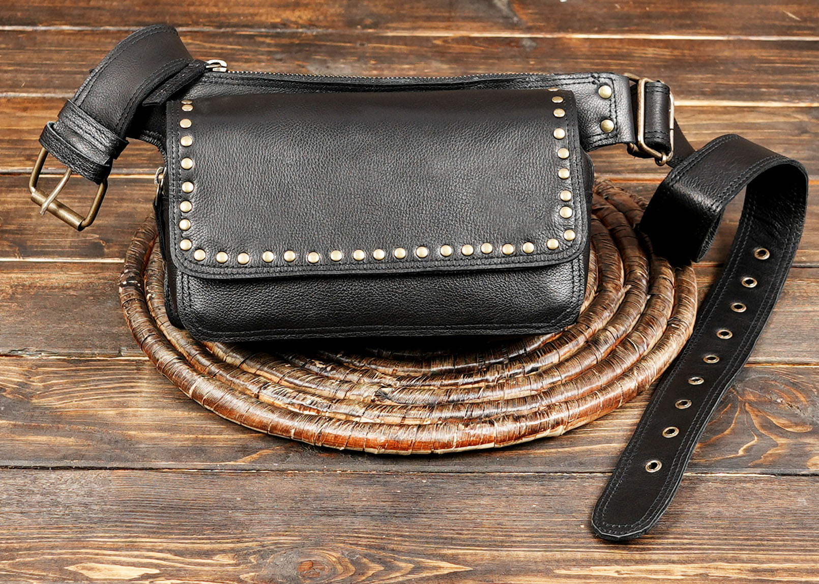 Black cowhide leather fanny pack with vintage metal studs
