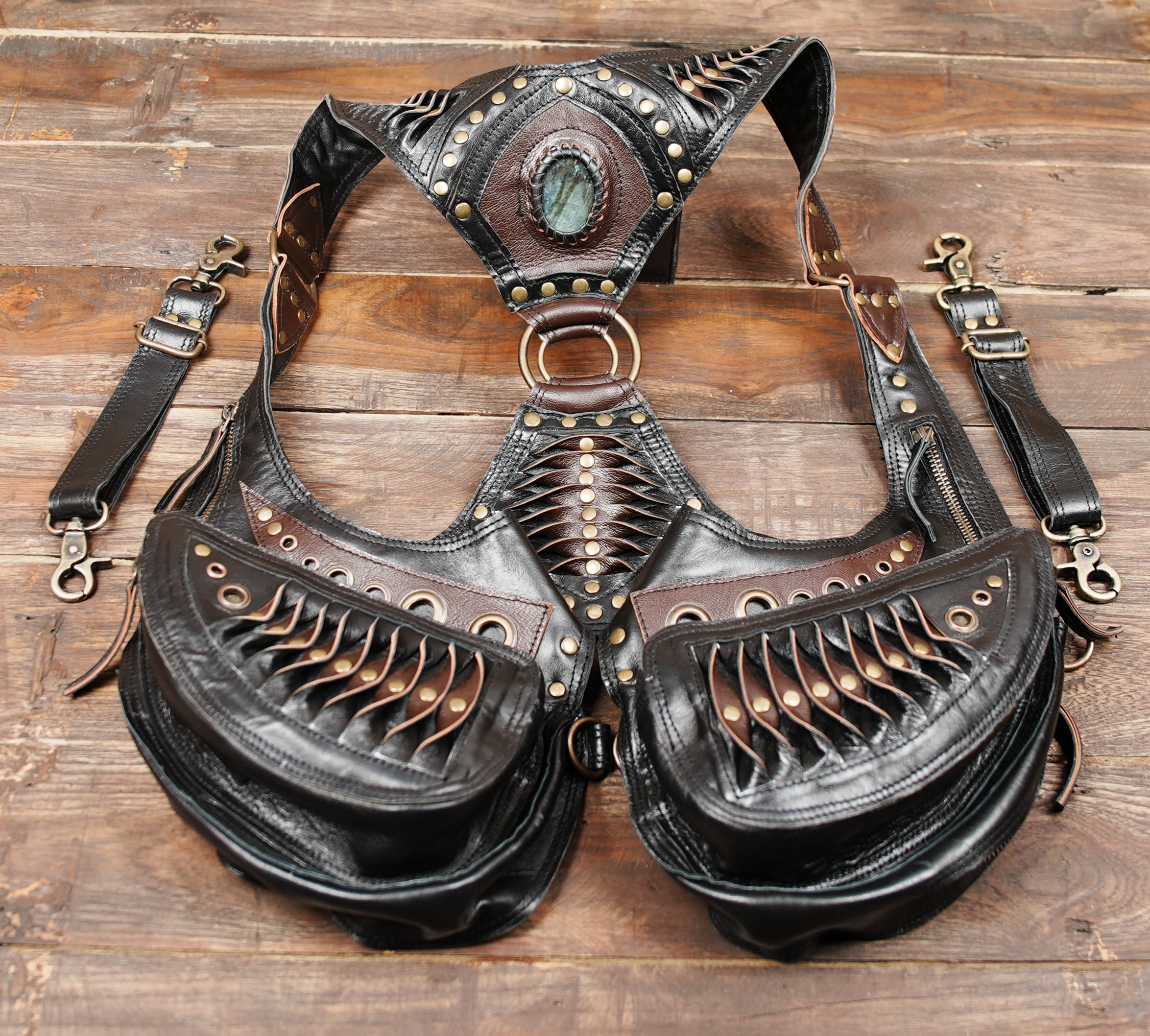 Leather Festival Holster Belt – Dual Pouch Tribal Steampunk Shoulder Harness