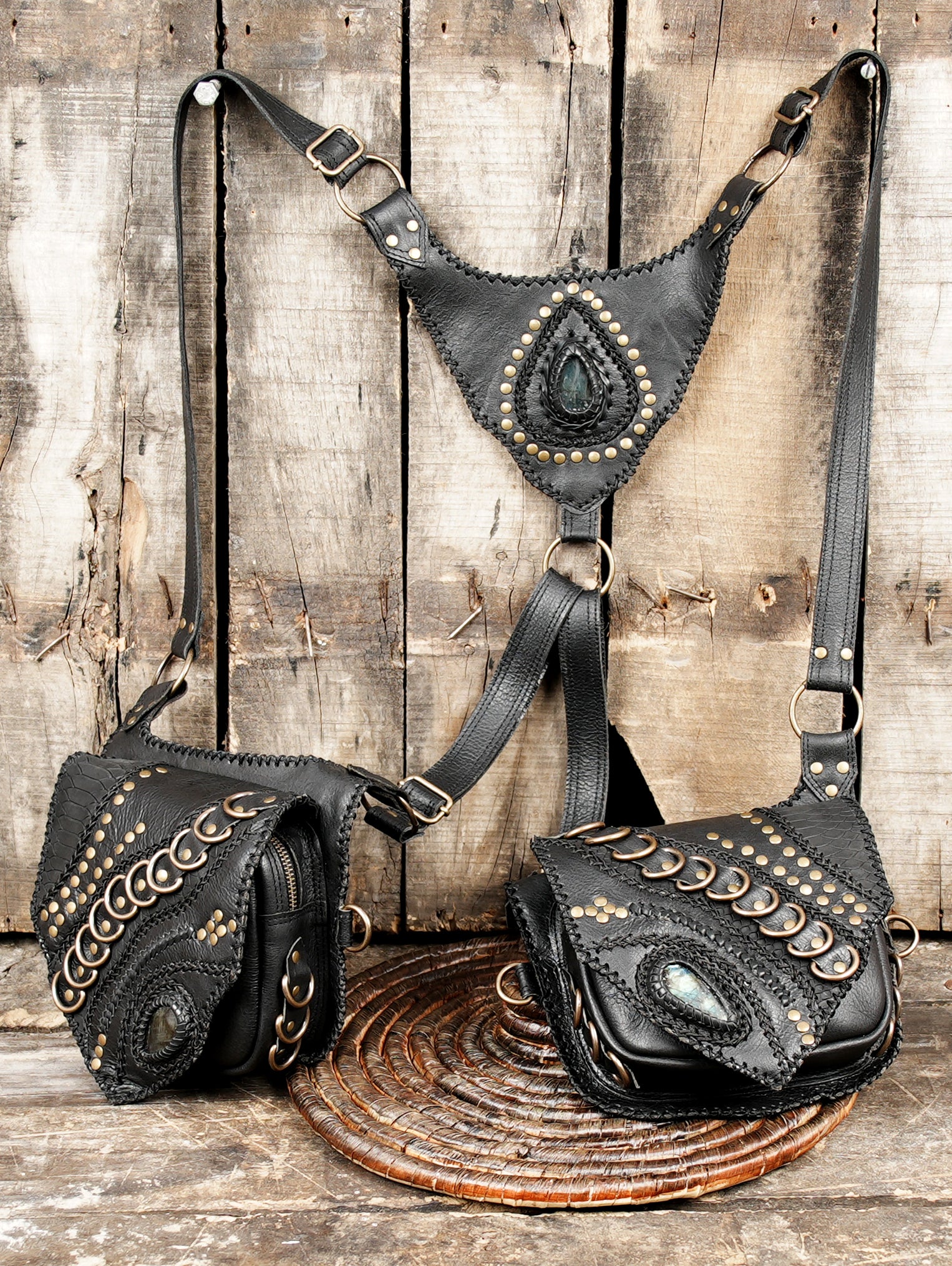 Unisex leather harness holster with gemstone centerpiece