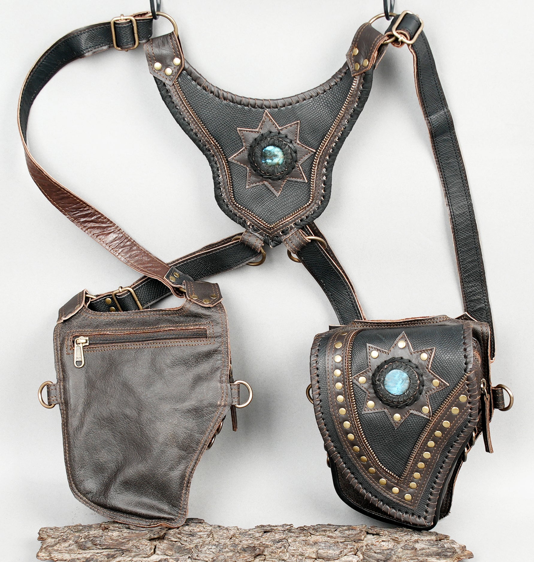 Rustic leather holster set with brass rivets and gemstones