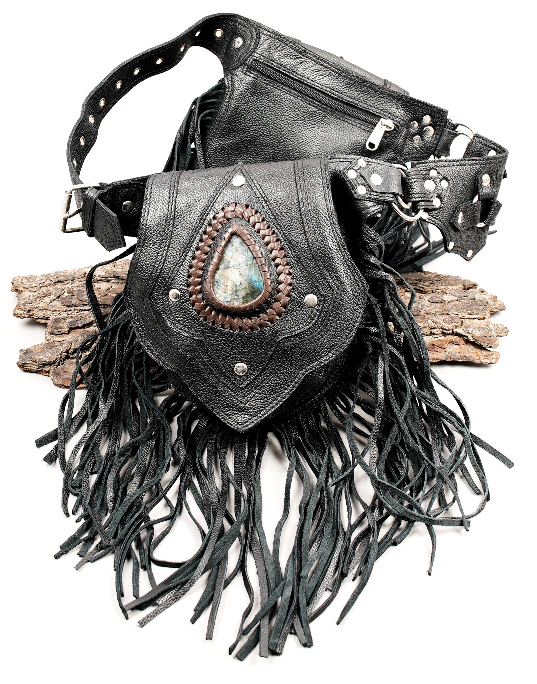 Handcrafted leather hip belt with fringe detailing