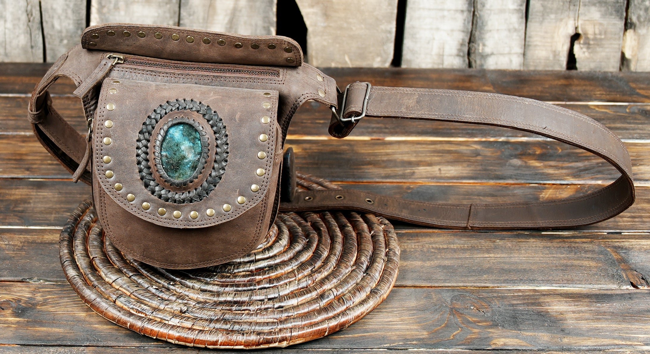 Buy Handmade Leather Gemstone Belt Bag: Festival Hip Pack steel zipper 