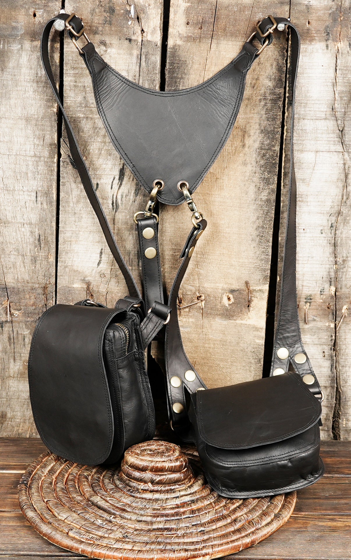 Festival style black leather holster bag with twin pouches
