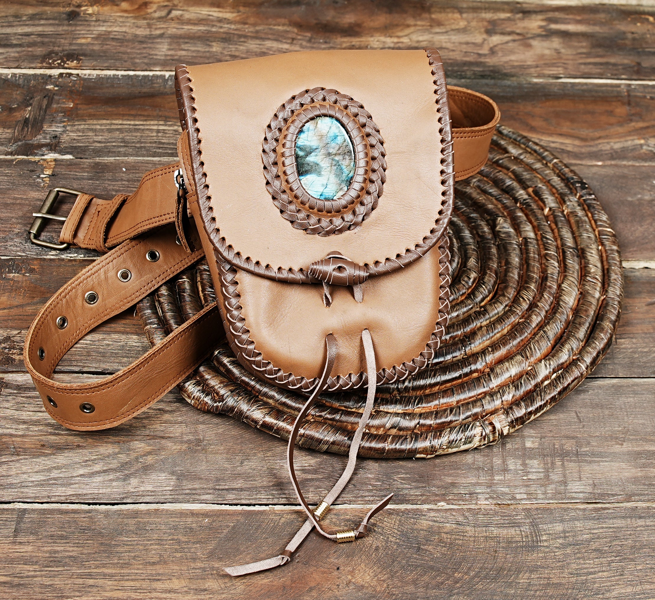 Brown leather belt pouch for hands free travel and daily use