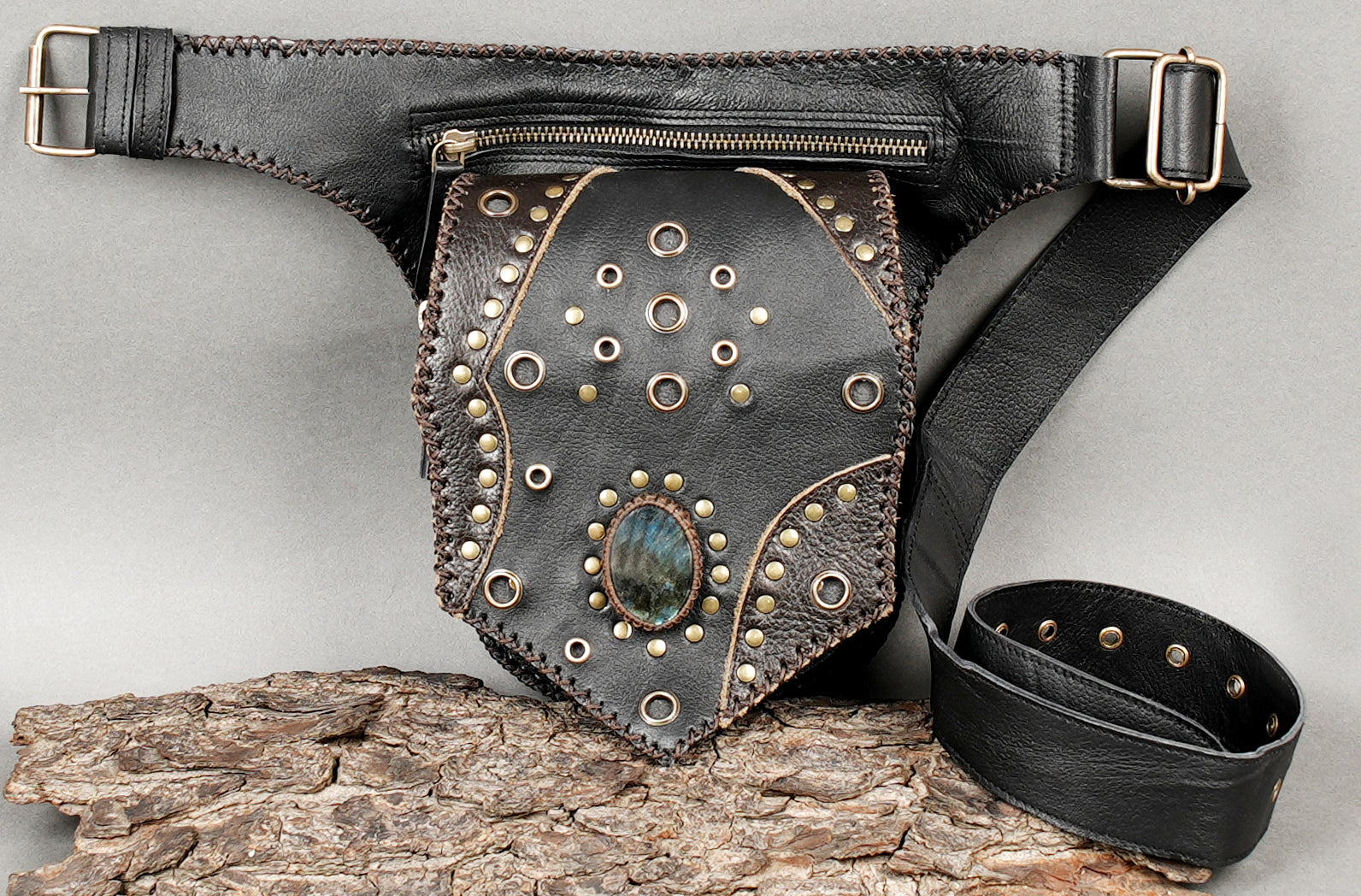 Premium leather waist belt bag with decorative metal accents