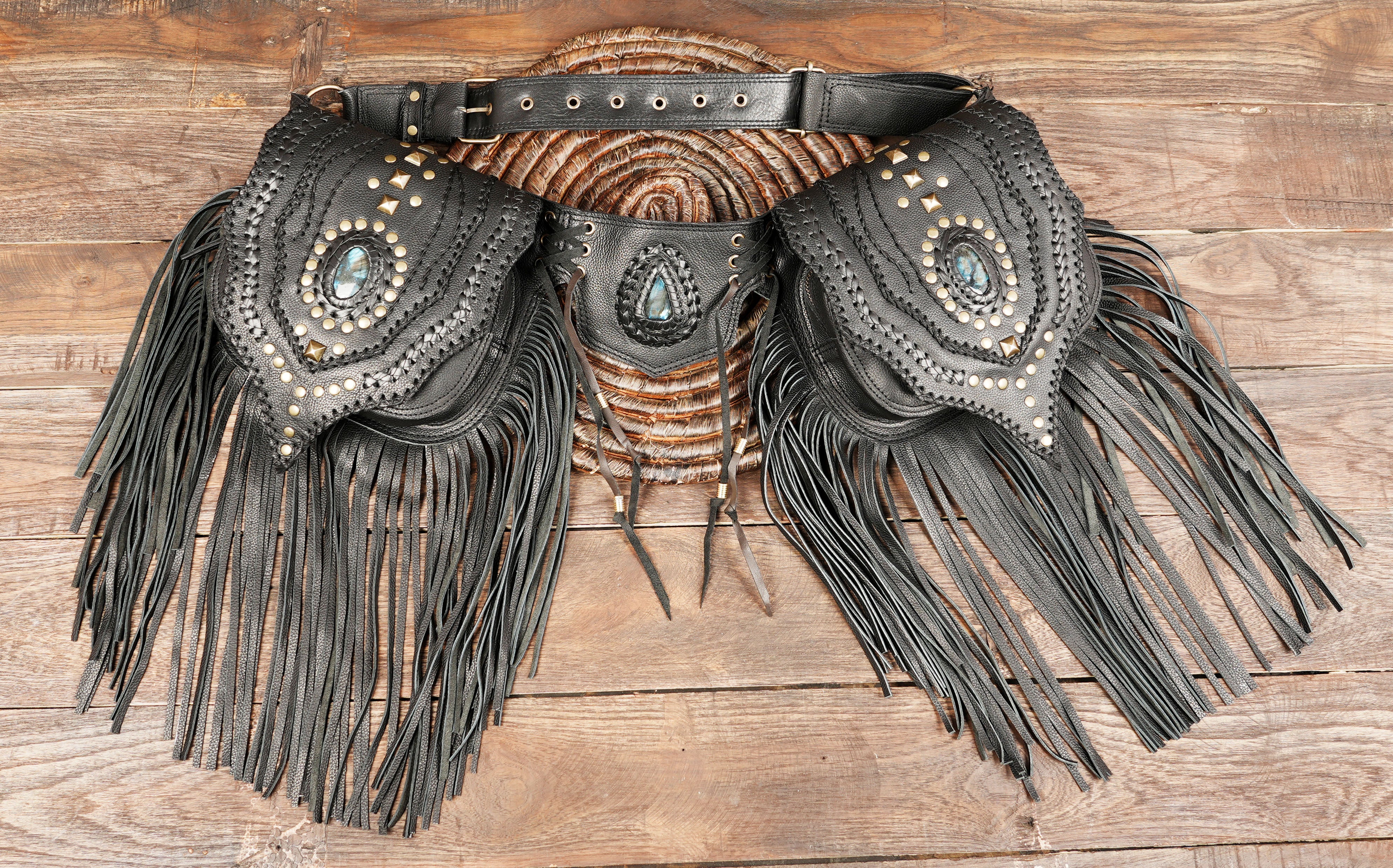 Steampunk gothic fringe belt pouch with pockets