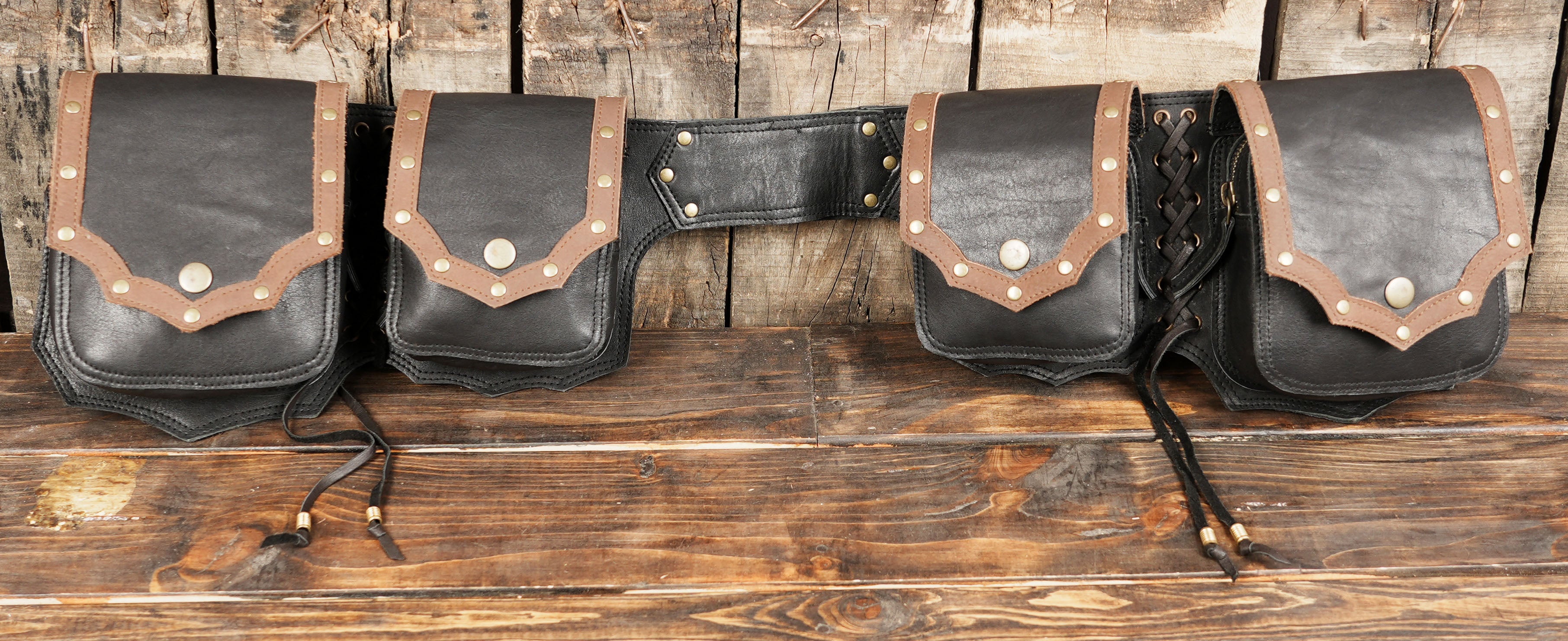 Handmade Leather Utility Belt with Four Pockets || Black and Brown Trim Leather Hip Belt with Secure Buckle  (LT-AB-WB-6091)