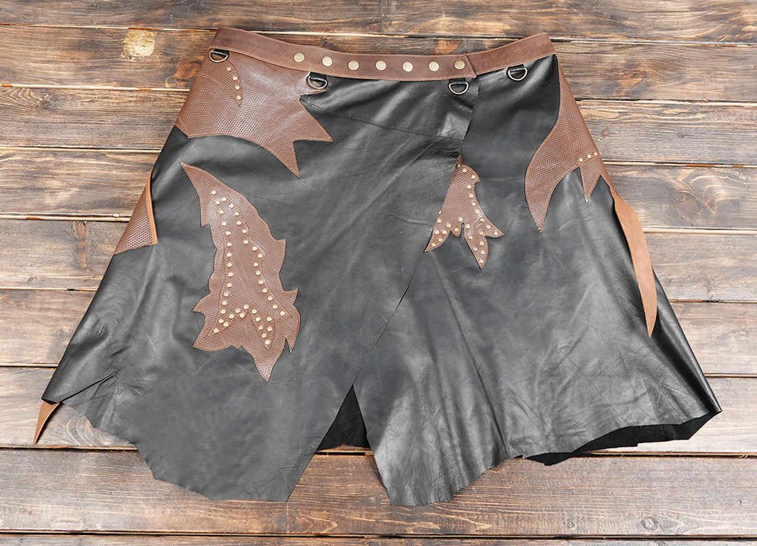 Elegant leather skirt with decorative stitching and metal hardware