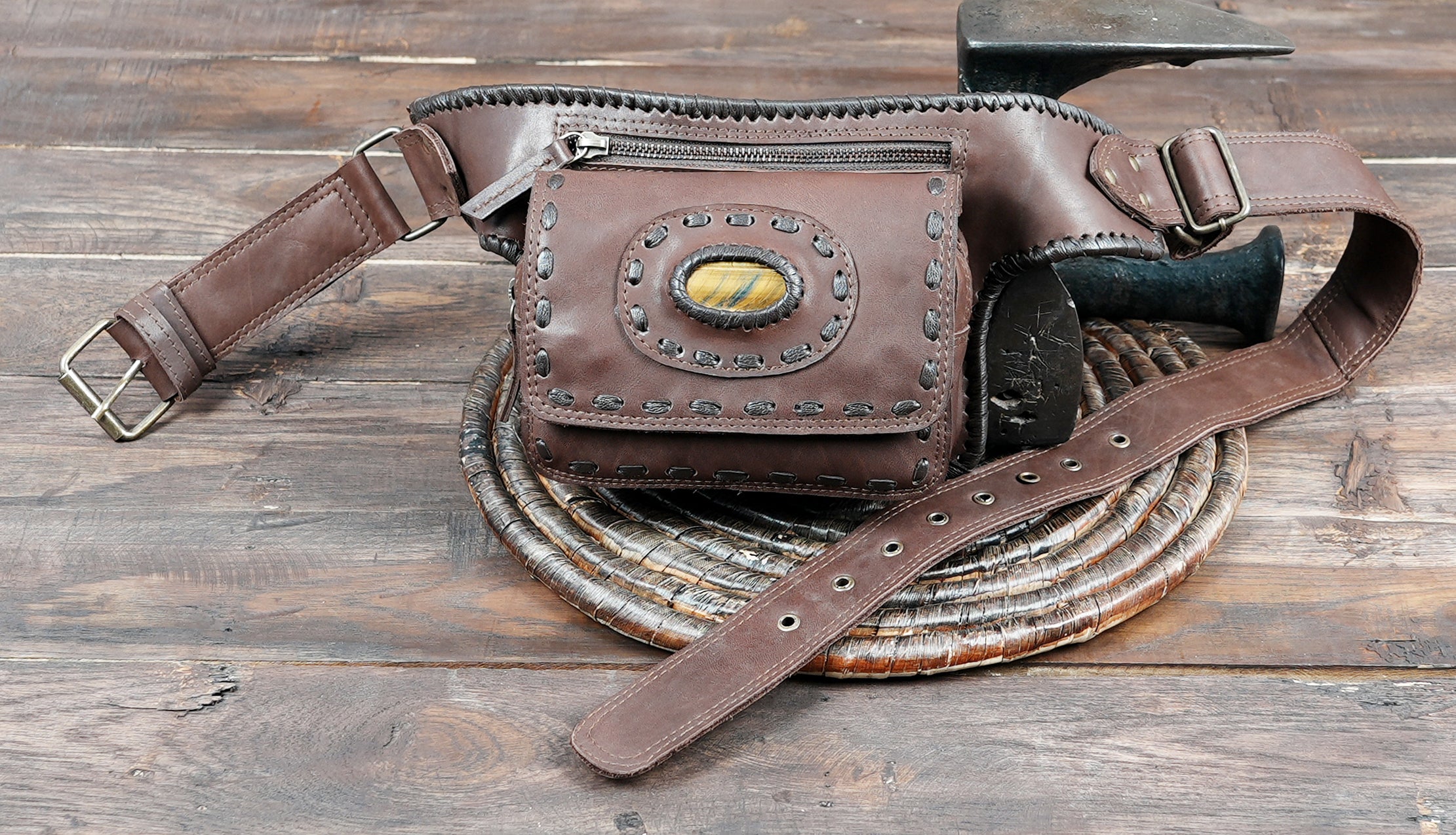 Handmade genuine leather festival fanny pack with stone accent