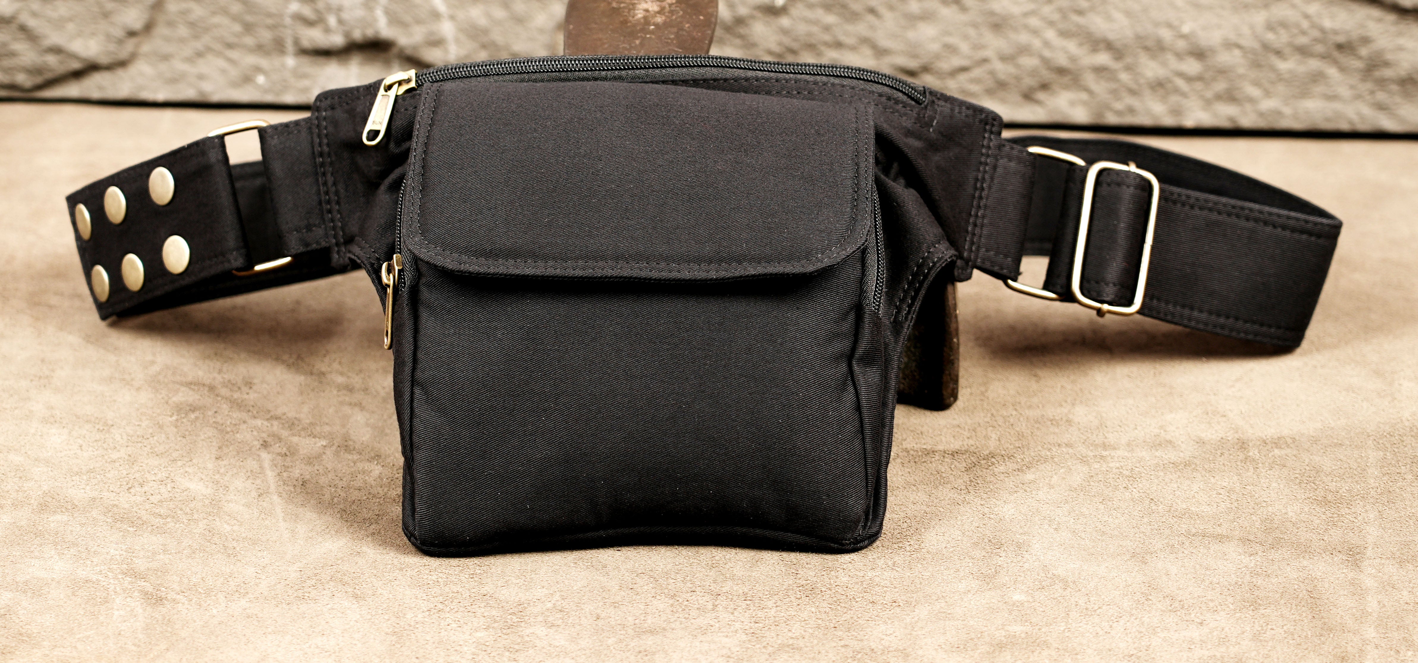 Eco-friendly black cotton waist belt bag, durable canvas construction