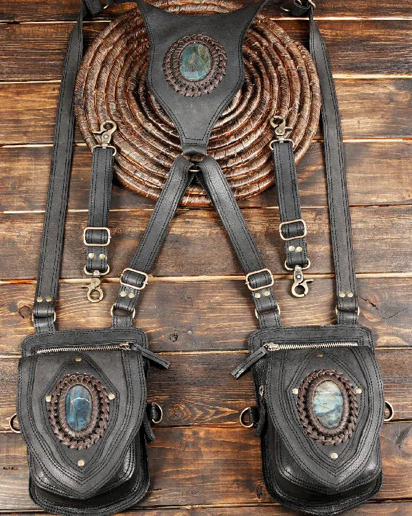 Handcrafted black leather shoulder holster bag with labradorite stone.