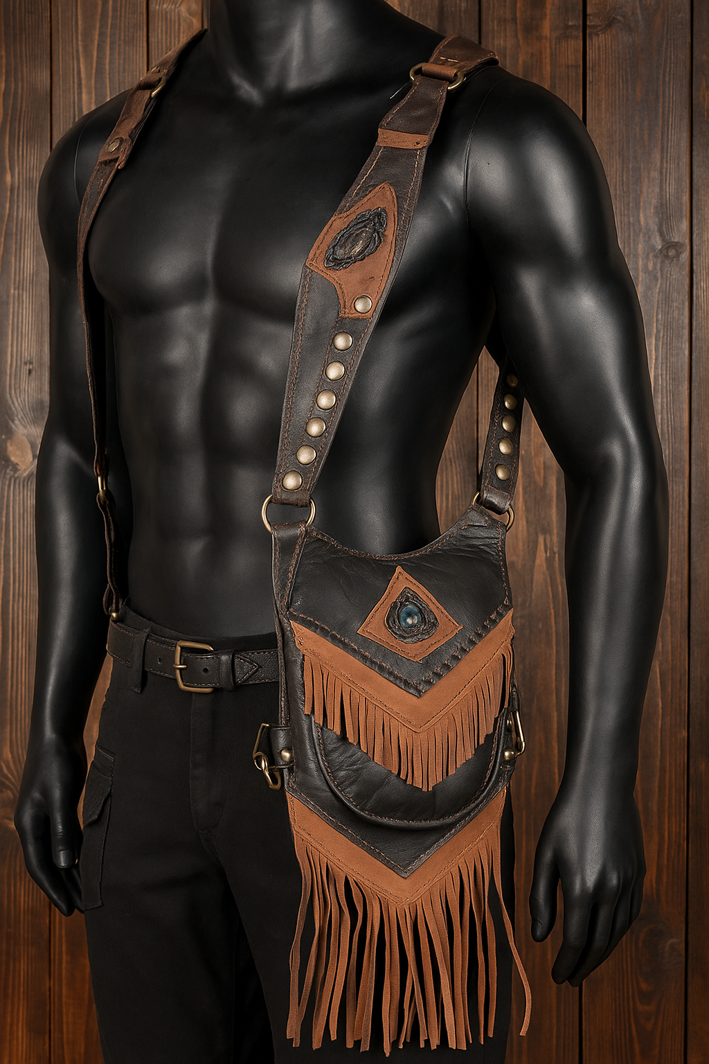 Handcrafted leather shoulder holster with decorative panels