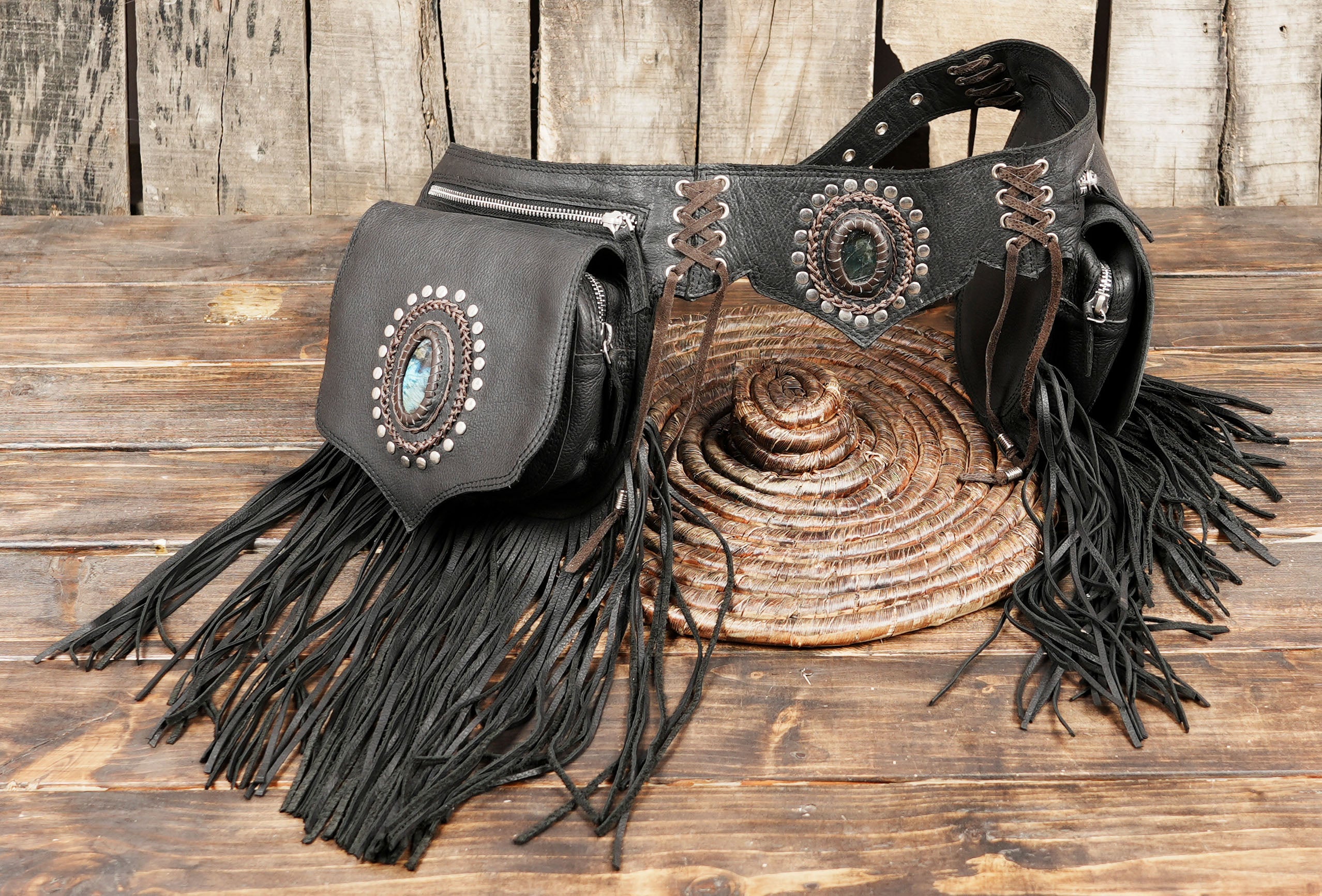 Leather festival waist belt with dual pouch storage