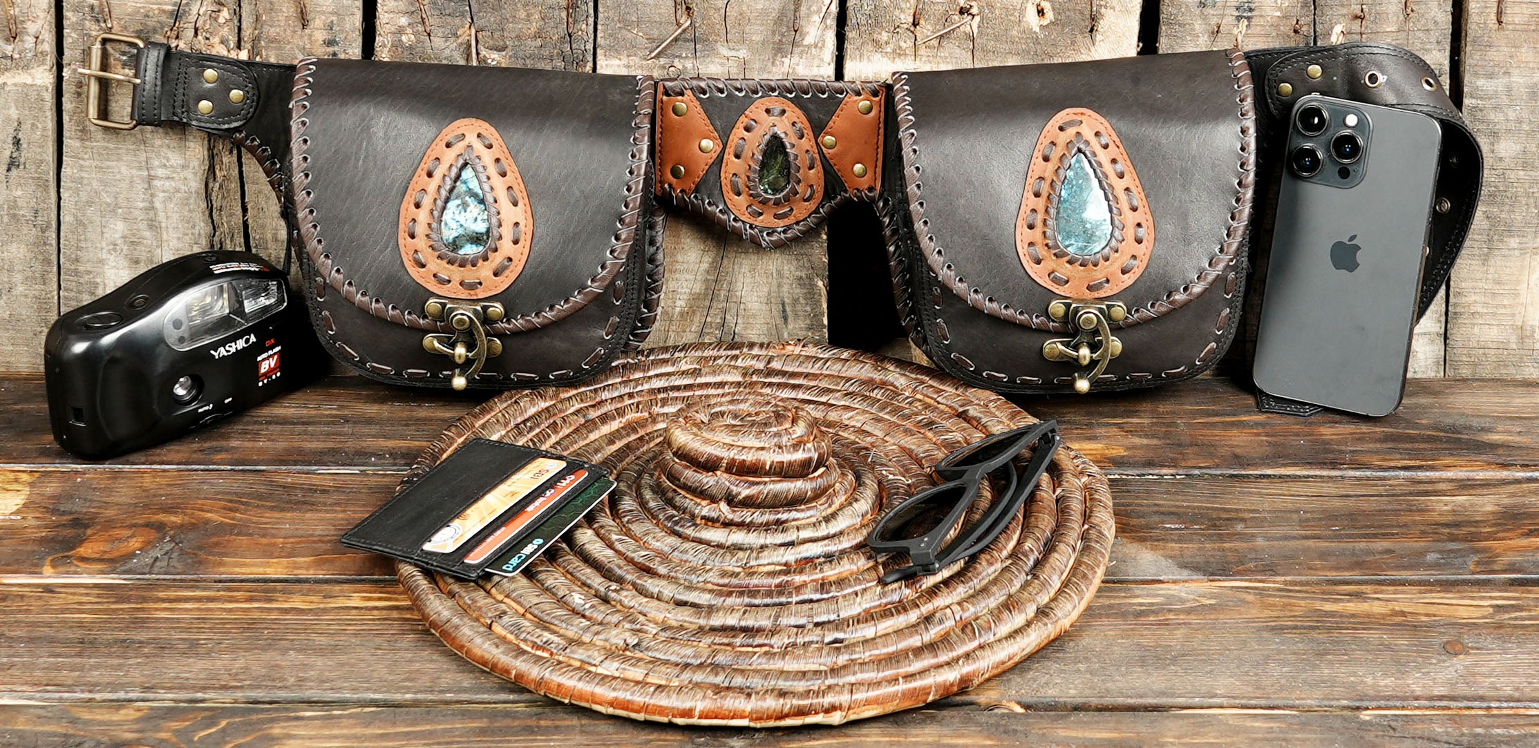 Handmade Leather Hip Belt with Gemstone Pouches - Gothic Boho Style