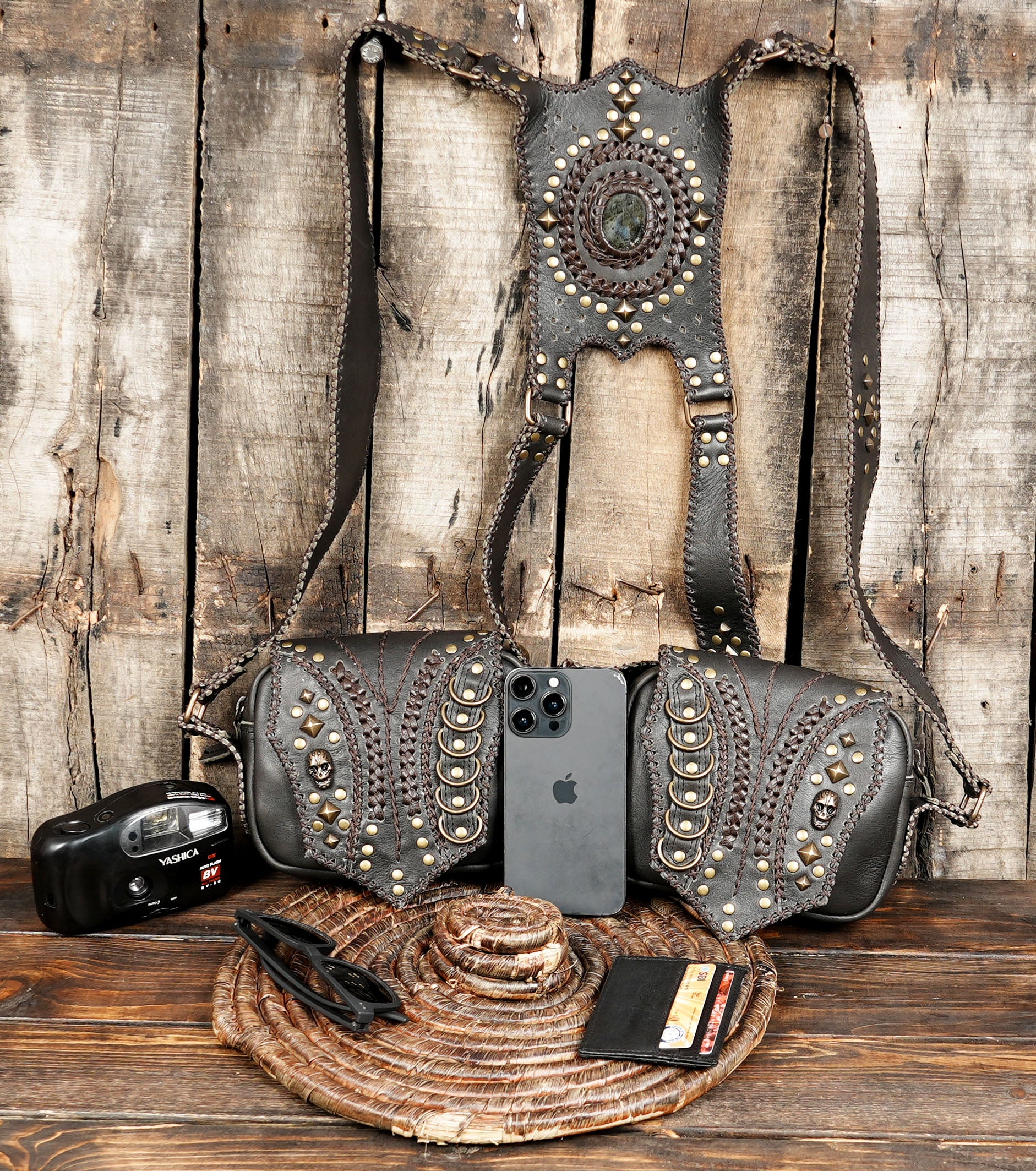 Handmade Leather Belt Bag: Gemstone Accent, Festival Fanny Pack black and brown holster 