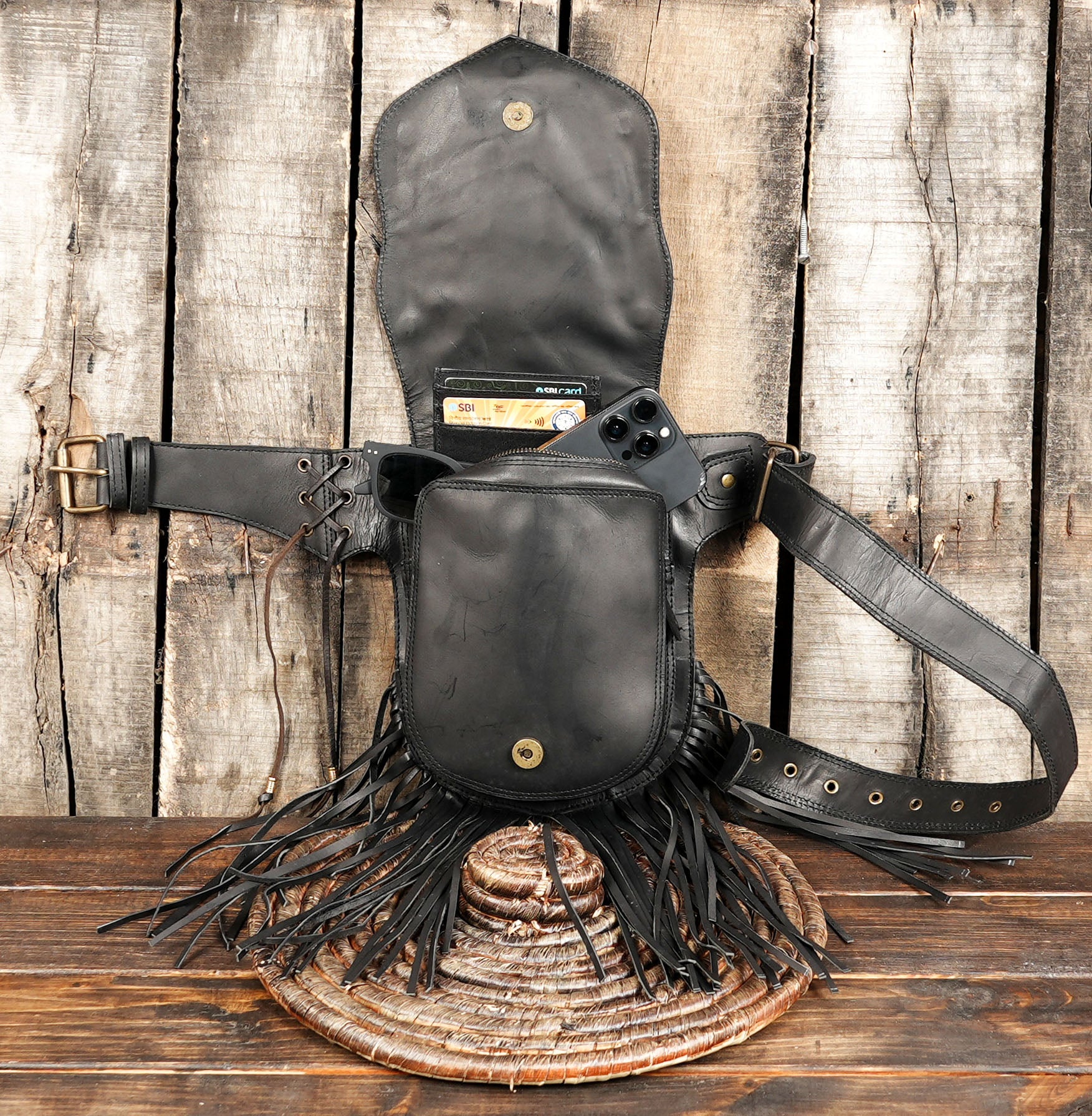 Handmade Genuine Leather Waist Belt with Gemstone || Gothic Boho Leather Belt Bag with Stone Centerpiece (LT-AB-WB-6124)