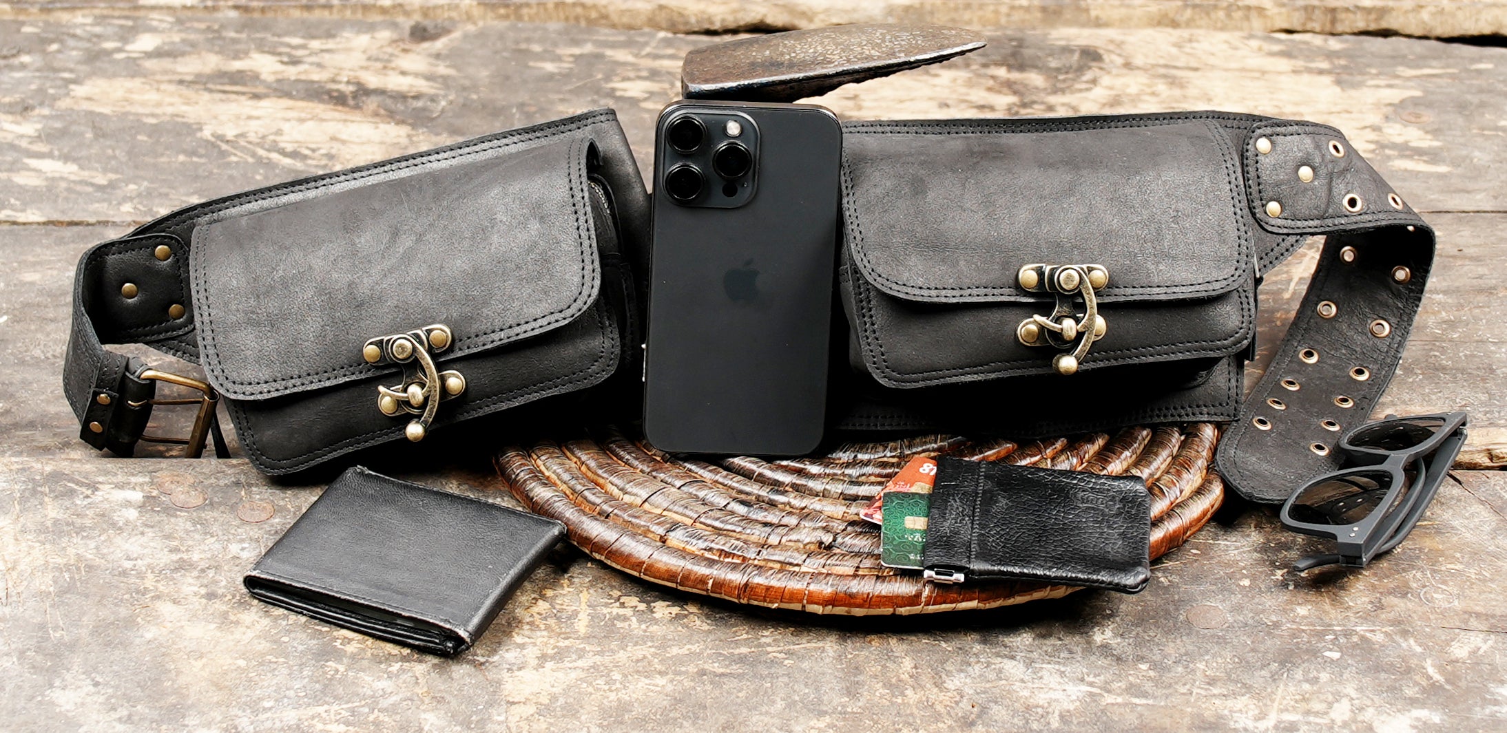 Artisan leather utility belt with two detachable pouches