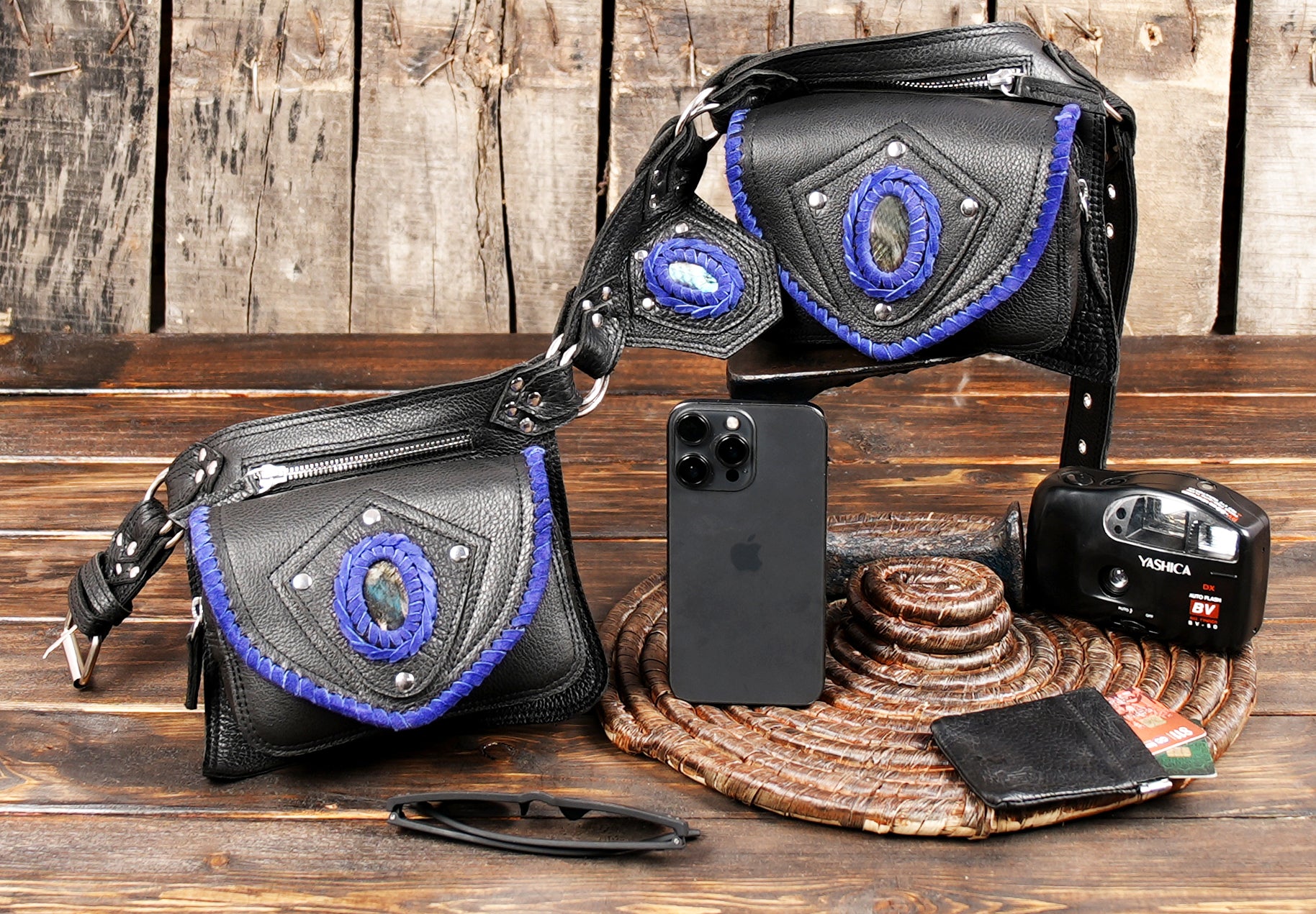 Handmade Leather Belt Pouch: Western Style Hip Bag with Adjustable Strap with bule color creative