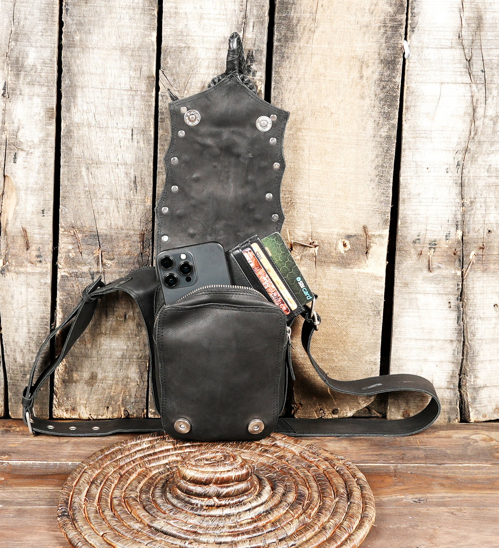 Stylish biker holster bag in genuine black leather