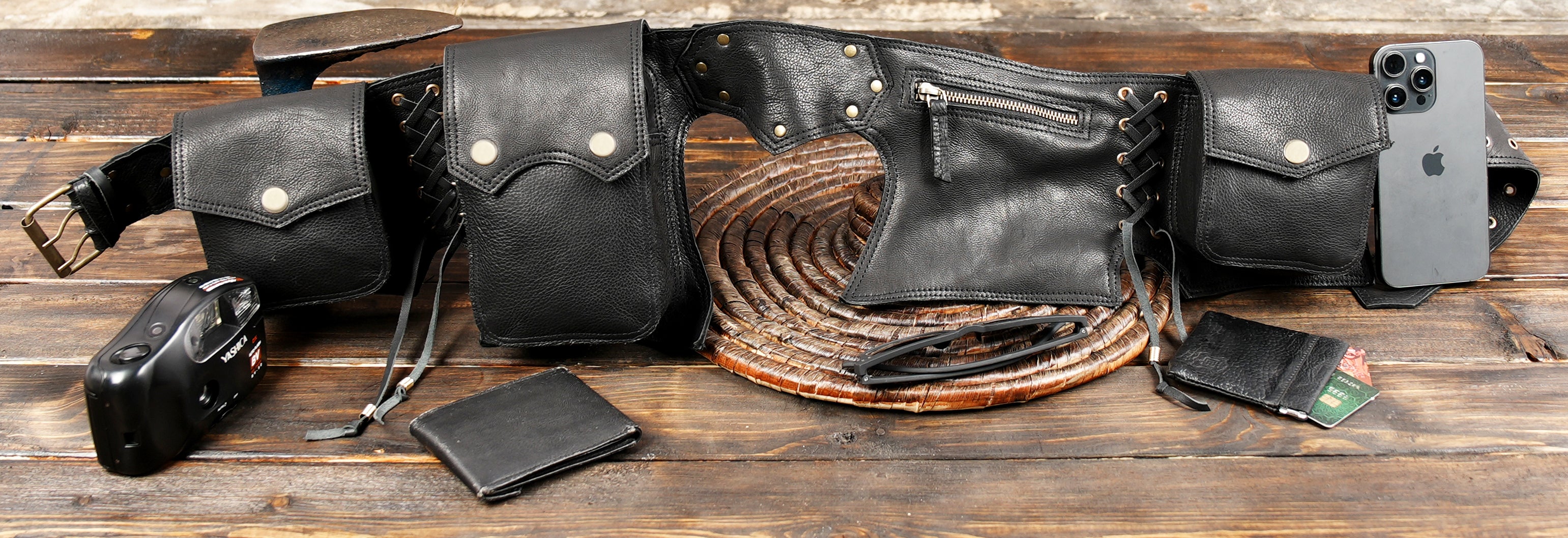 Adjustable leather hip belt with multiple compartments for travel