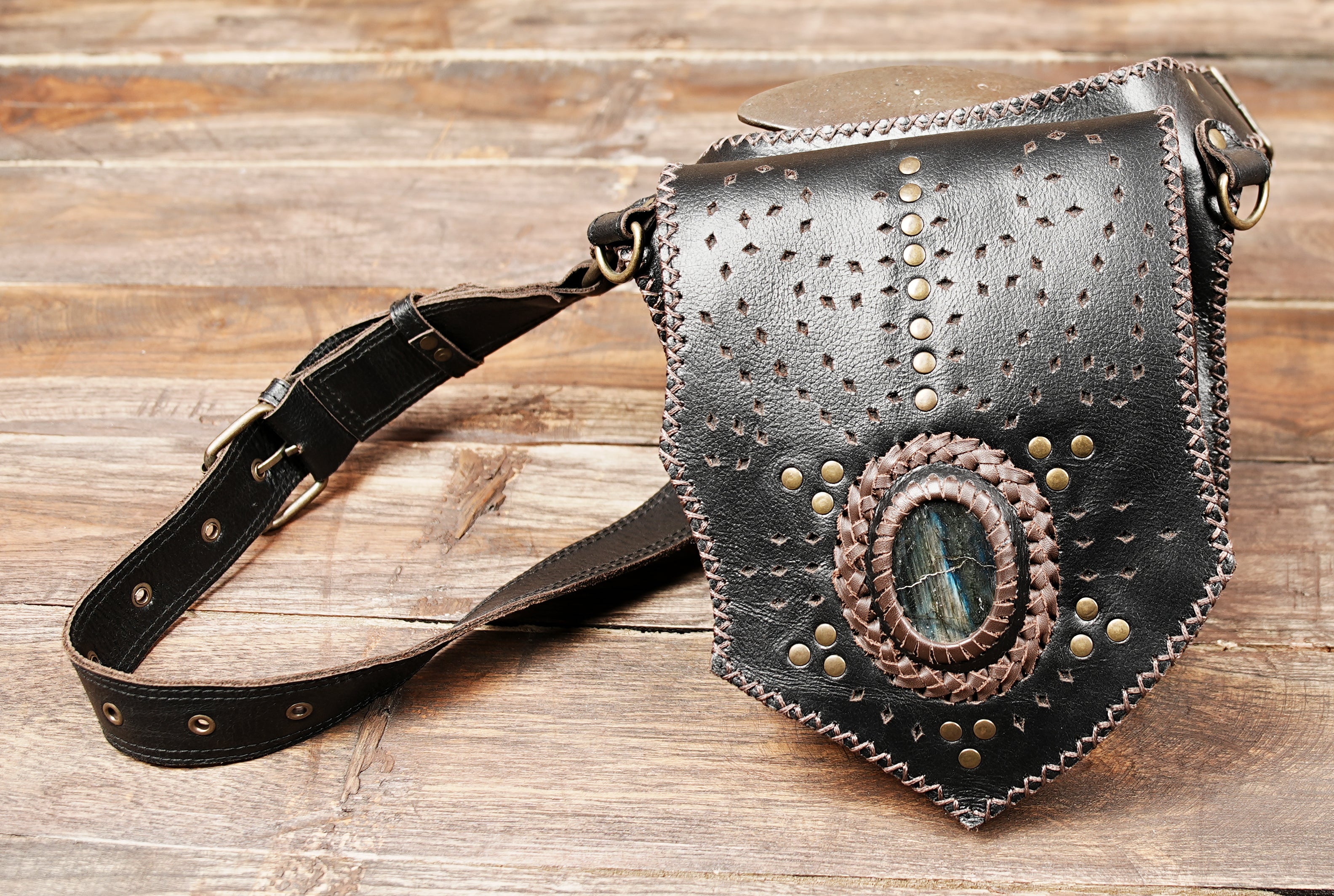 Gothic boho leather waist belt with gemstone centerpiece