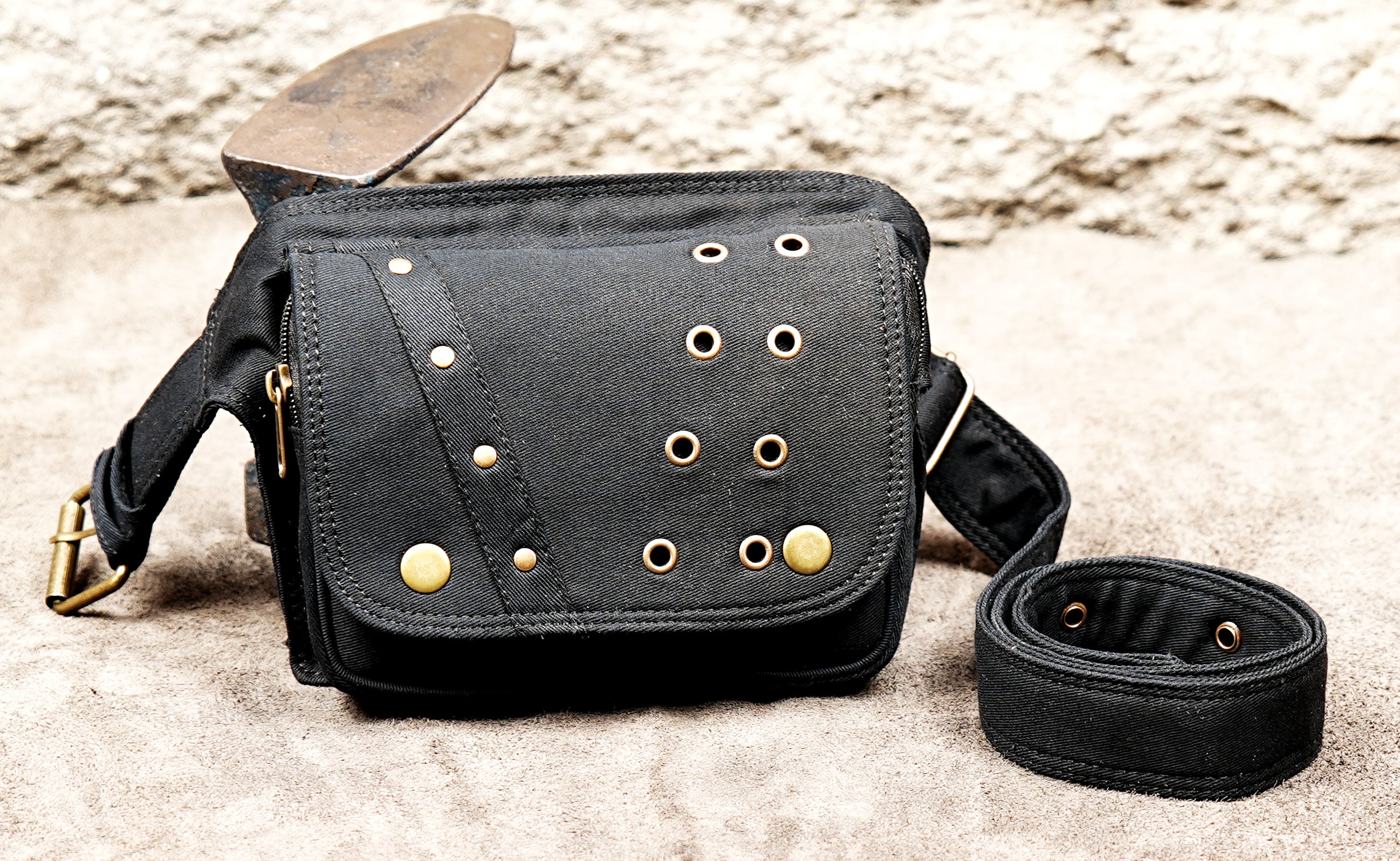 Adjustable black cotton belt bag with antique brass details