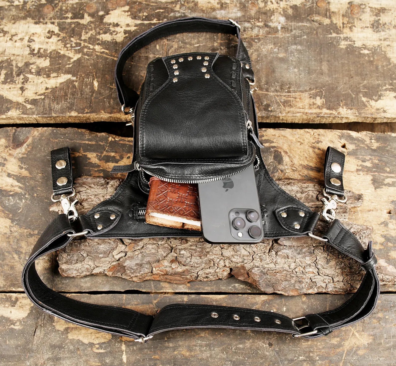 Black Leather Motorcycle Leg Bag with Studded Pocket and Adjustable Strap