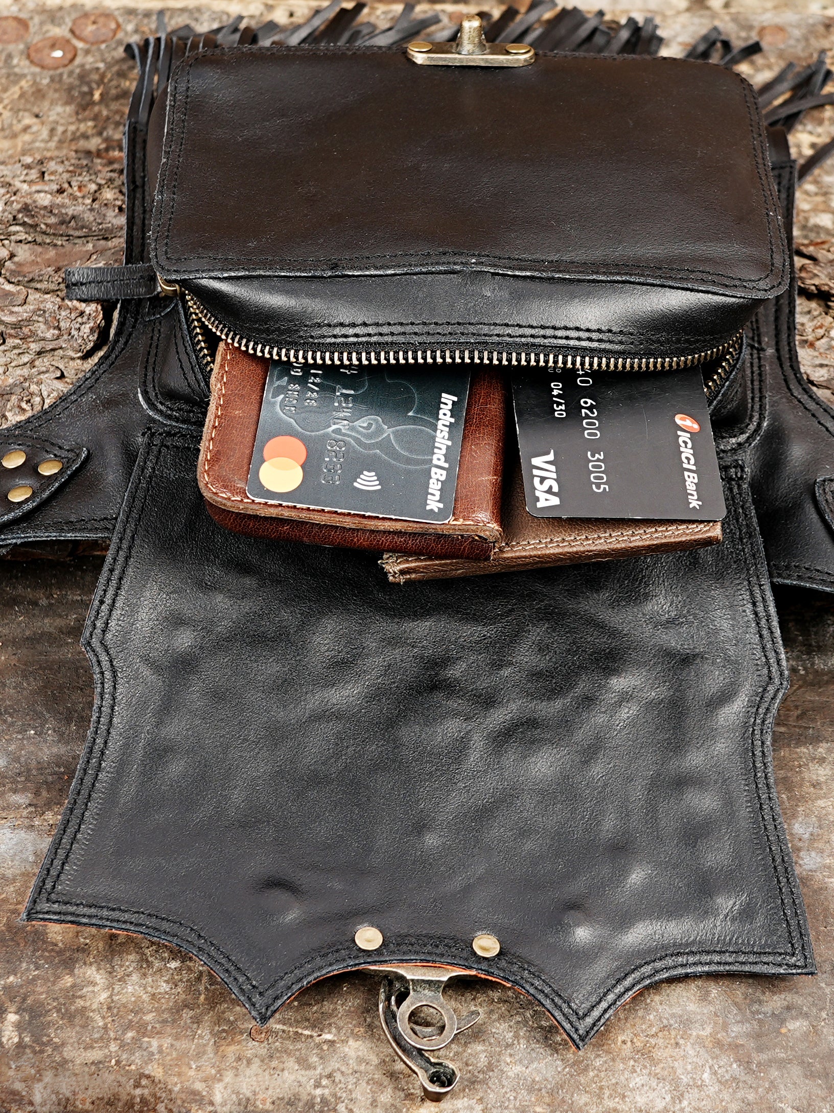 Handmade Western Leather Waist Belt with Fringe and Stud Detail || Black Leather Waist Belt with Red Snakeskin Accent and Fringe (LT/AB/WB/6162)