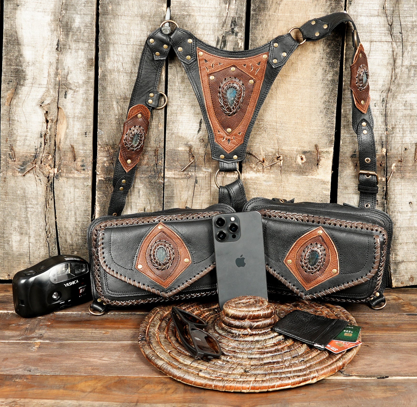 Black Leather Belt Bag with Gemstone and Brass