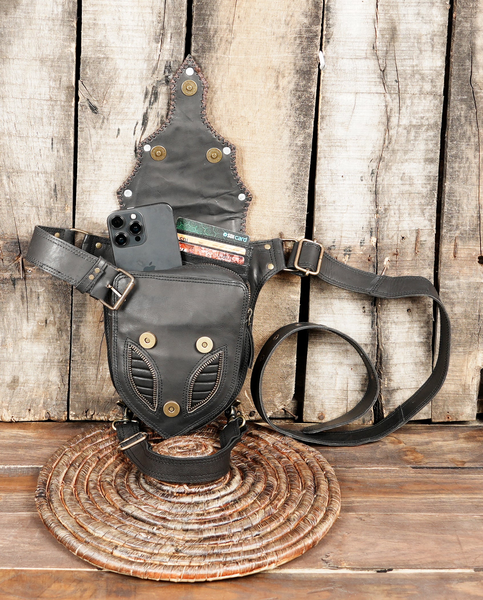 Utility Belt Goth Hip Bag Handmade Black Leather Utility Belt Bag Steampunk Hip Pouch With ZIPPER 