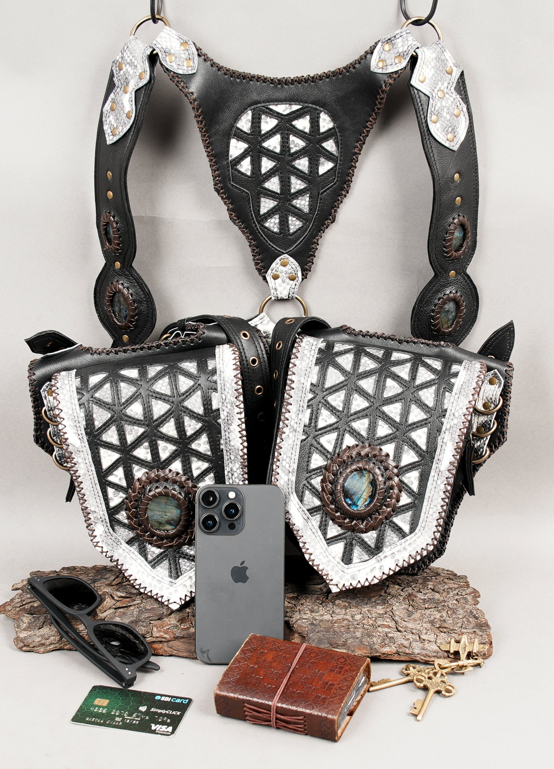 Black and silver dual-pouch holster with brass hardware