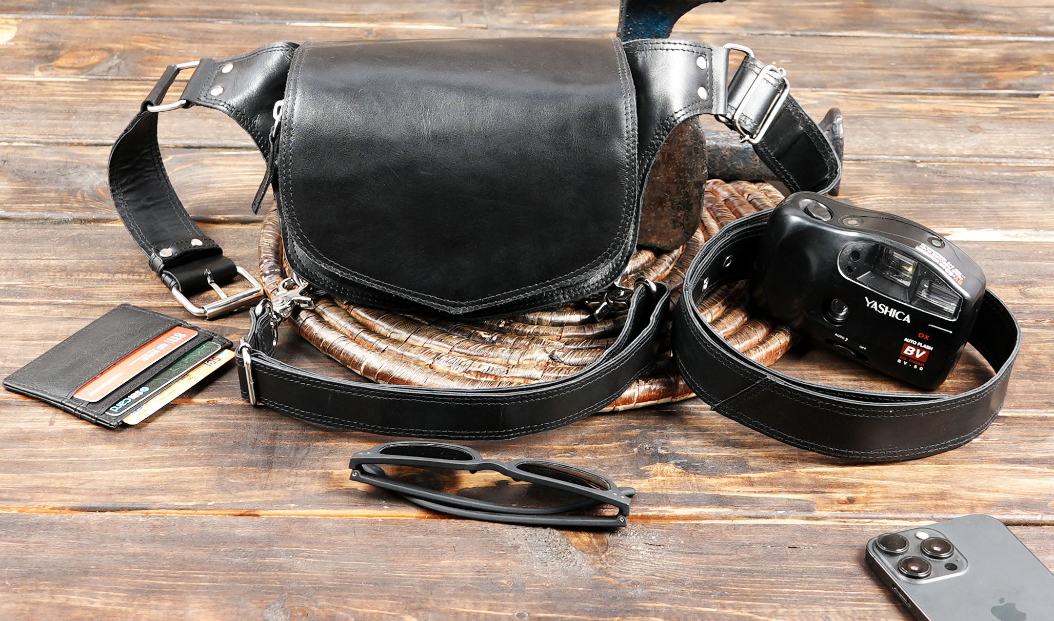 Steampunk leather leg bag with secure snap closure and strong belt strap