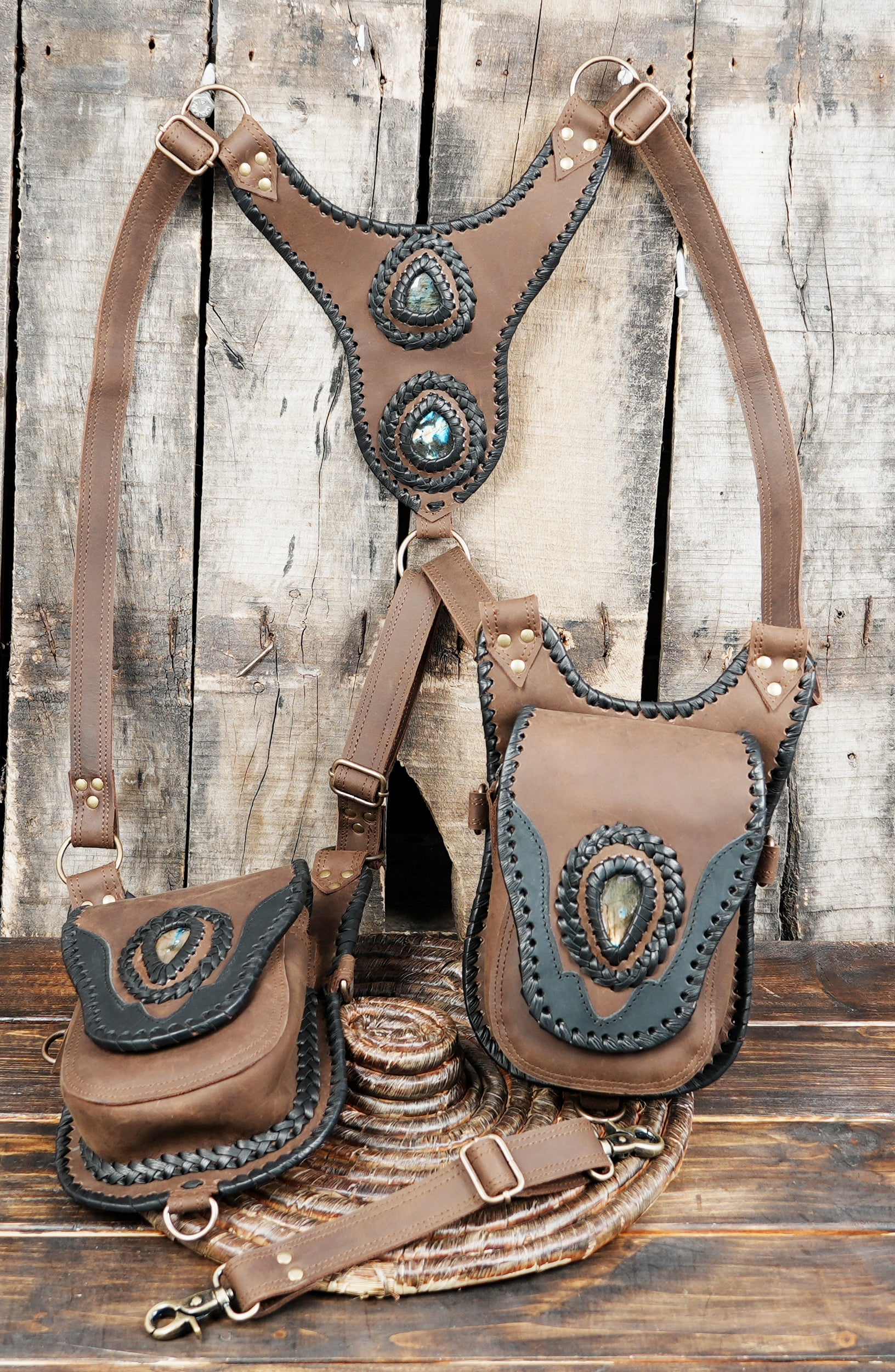 Rustic brown leather holster with detailed hand stitching